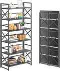4NM 6 Tiers No Assembly Book Shelves, 61.8' H Folding Bookshelf Bookcase Open Industrial Foldable Shelves for Bedroom, Living Room, Home Office - All Black