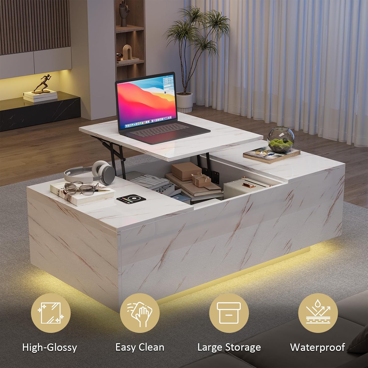 LED Coffee Table, 47.2' Lift Top Coffee Tables with Drawers and Large Storage, Smart Living Room Table with Wireless Charging & Bluetooth Speaker, Dining Center Tables with Storage Shelf, White