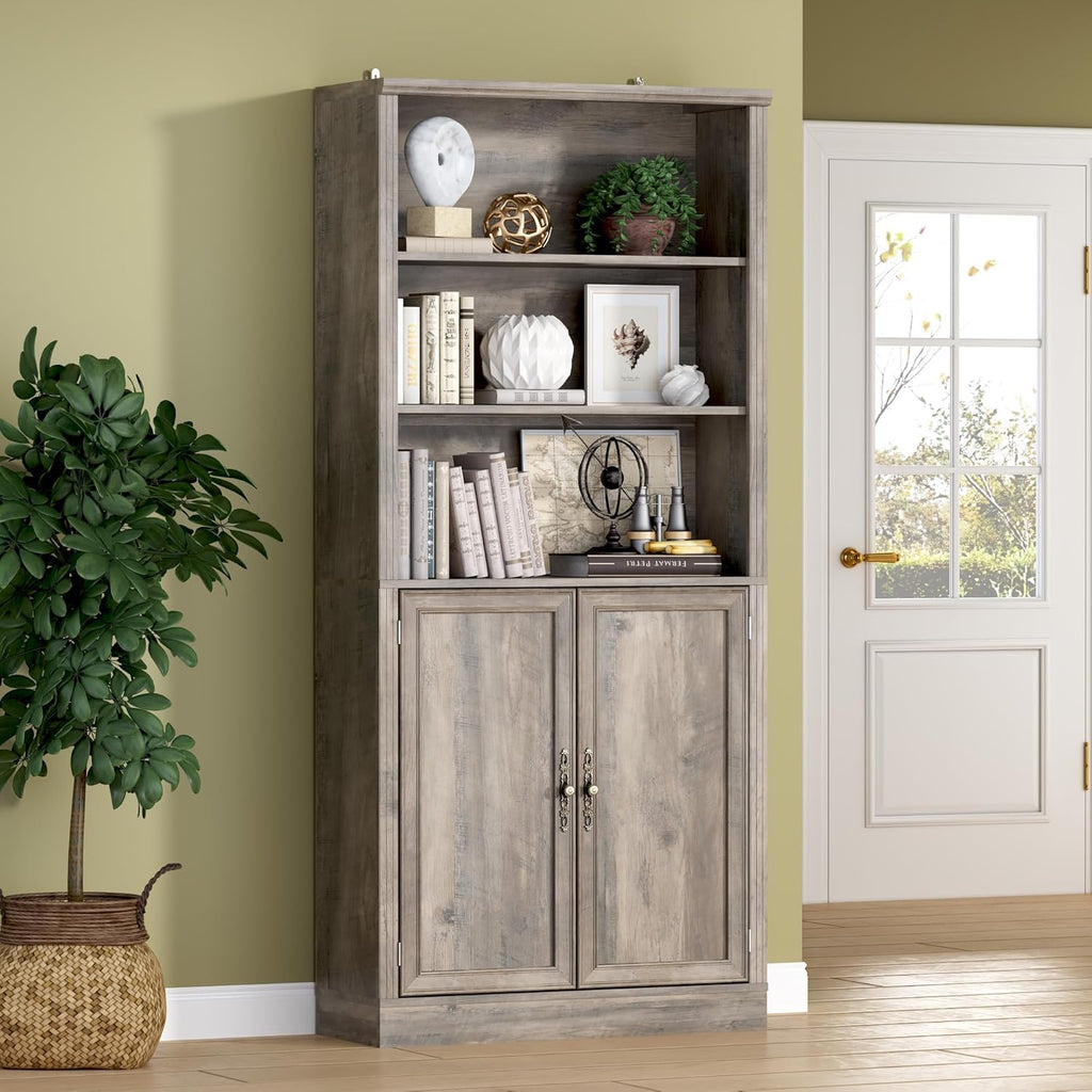 BORNOON 70.1' Tall Bookshelf with Cabinet, 5-Tier Floor Standing Bookcase with Doors & Adjustable Shelves, 31.5' Wide Storage Shelf, Metal Handles, Modern Organizer for Home Office, Living Room
