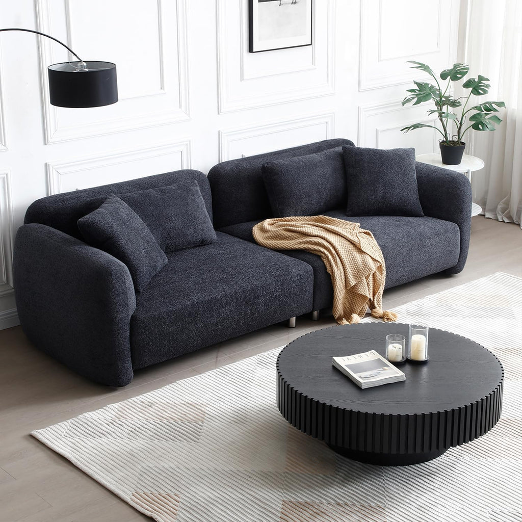 35.43'' Black Round Coffee Table Modern Wood Coffee Table for Living Room, Contemporary Circle Fluted Drum Pedestal Style, Easy Assembly, Black (ø35.43'' x 13.77'')