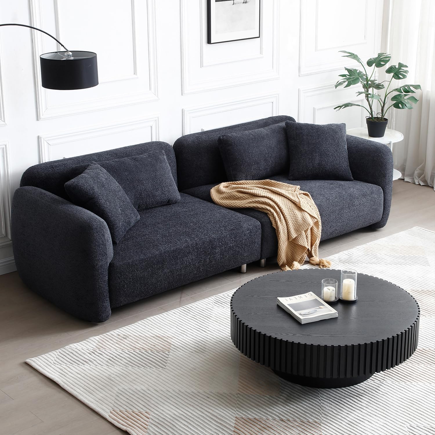35.43'' Black Round Coffee Table Modern Wood Coffee Table for Living Room, Contemporary Circle Fluted Drum Pedestal Style, Easy Assembly, Black (ø35.43'' x 13.77'')