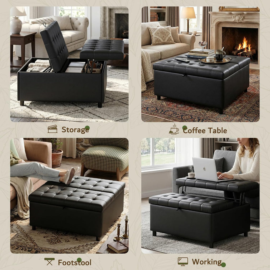 LINLUX 35.5 Inch Large Leather Storage Ottoman, Extra Large Square Lift Top Ottoman Coffee Table with Storage, Tufted Leather Ottoman Footrest Toy Box for Living Room, Black
