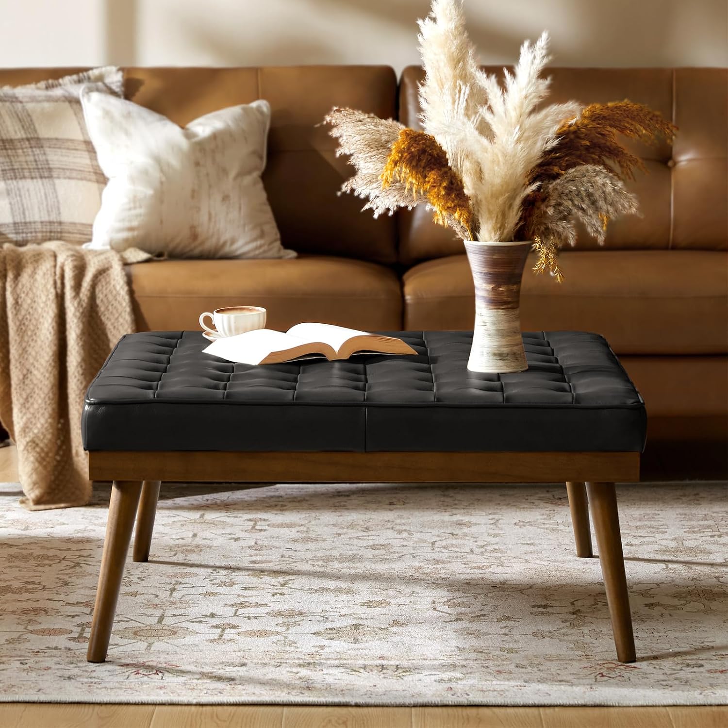 HULALA HOME Genuine Leather Square Coffee Table, Button Tufted Upholstered Ottoman Coffee Table with Solid Wooden Flared Legs, Mid-Century Modern Extra Seating for Living Room, Black