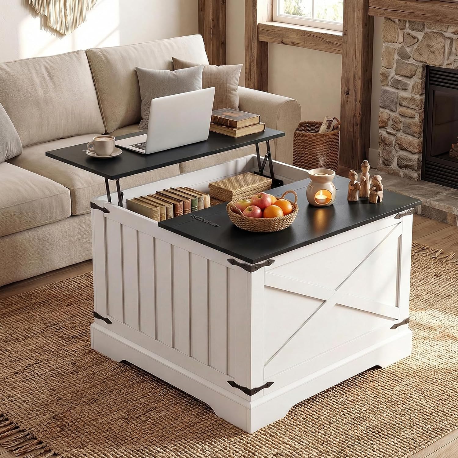 Giantex Farmhouse Lift Top Coffee Table, 31.5' Square Wood Center Table with Large Hidden Storage Compartment & Hinged Lift Top, Accent Cocktail Tea Table, Rustic Living Room Tables (Black)