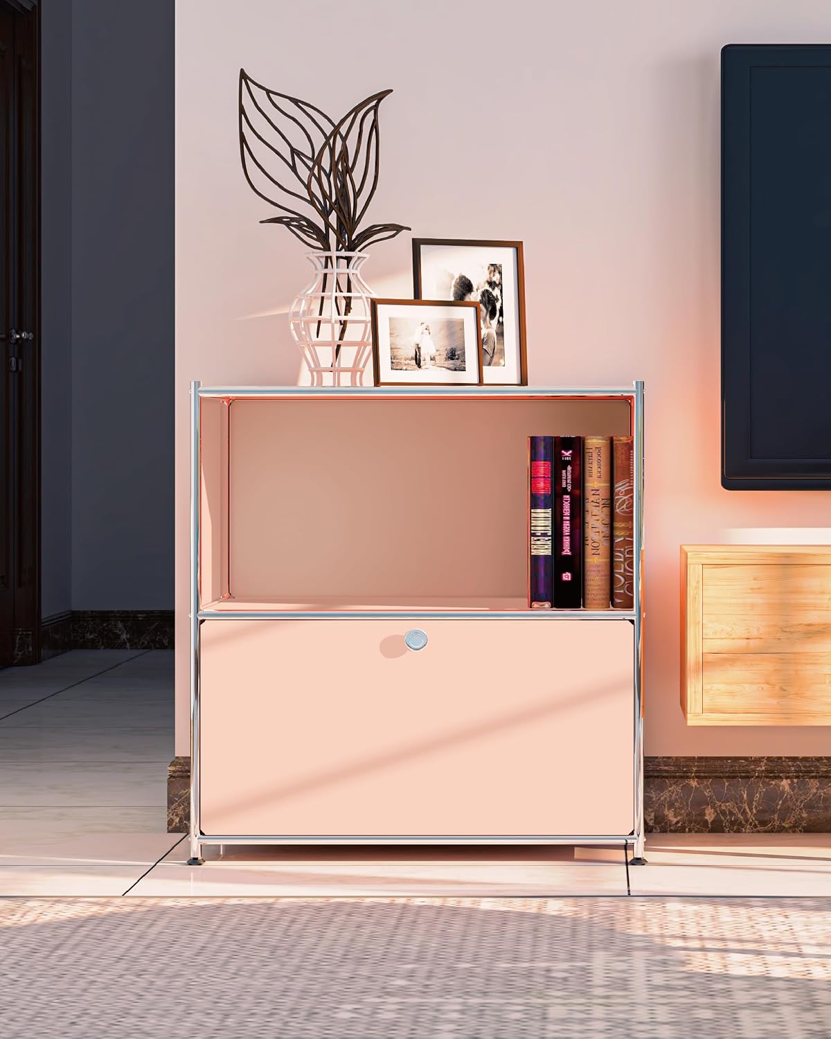 32.5-Inch Flip-Top Storage Cabinet with Detachable Wheels, Metal Side Table and Small Sideboard Cabinet for Living Room, Bedroom, Office, Orange