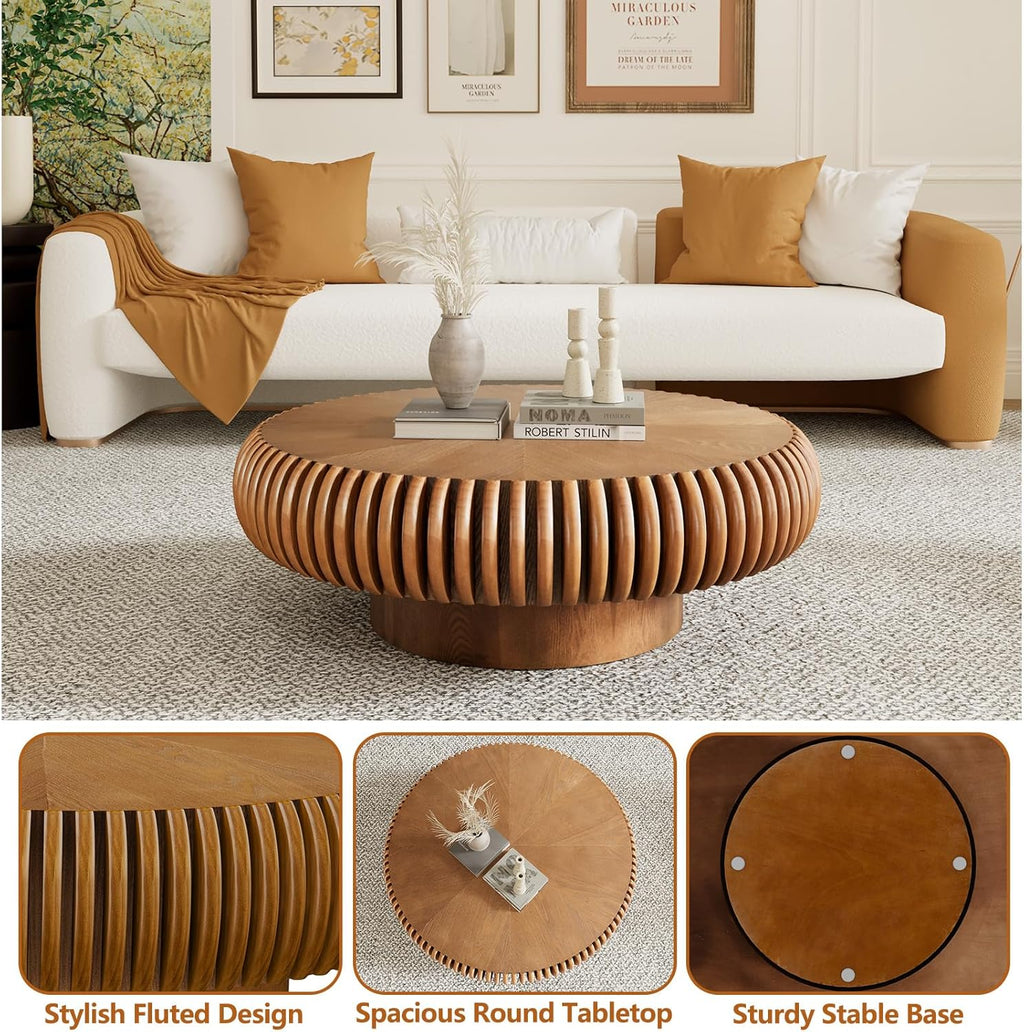 Round Drum Coffee Table with Sturdy Pedestal, Modern Wooden Fluted Coffee Table, Circle Center Table Accent Tea Table for Living Room Apartment Office Reception Room (Brown D31.5)
