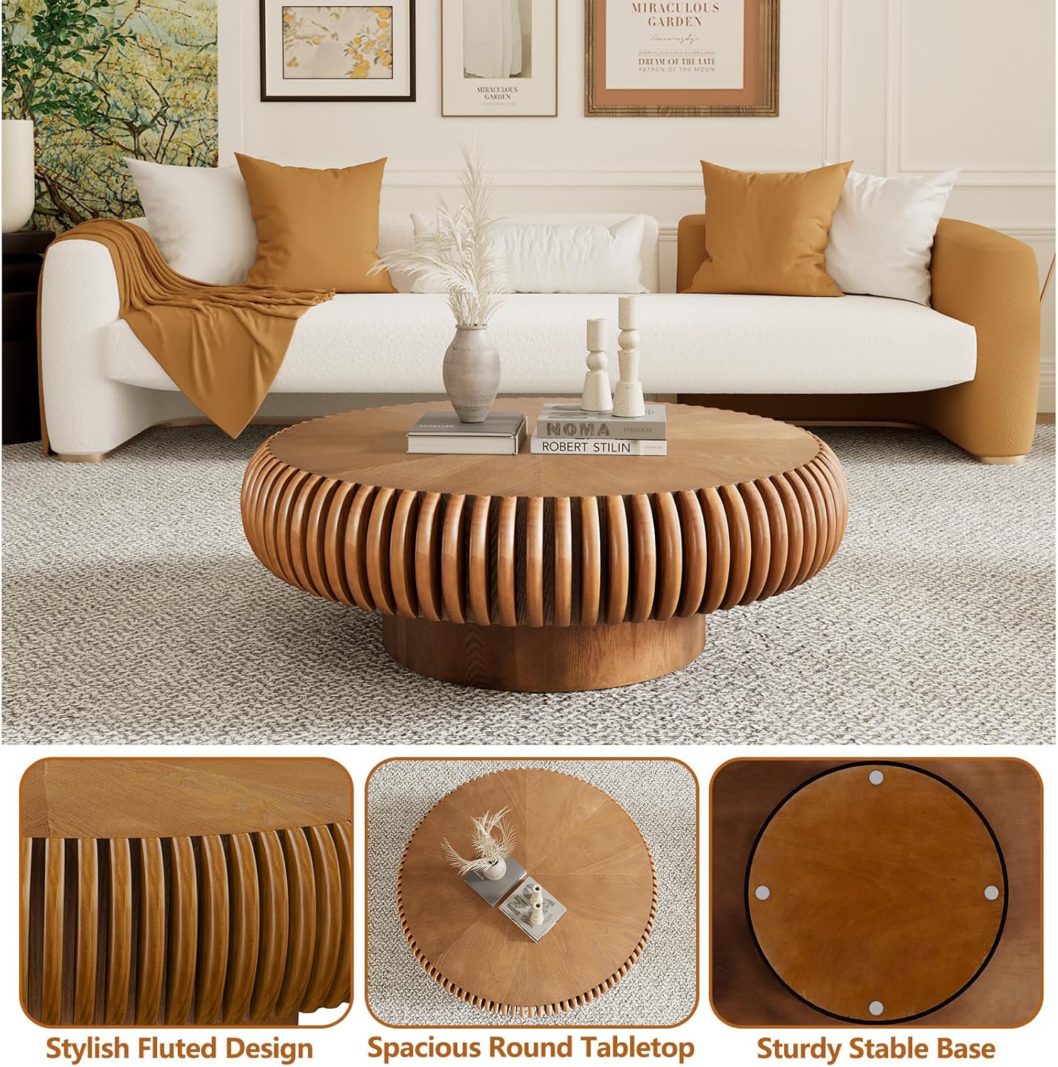 Round Drum Coffee Table with Sturdy Pedestal, Modern Wooden Fluted Coffee Table, Circle Center Table Accent Tea Table for Living Room Apartment Office Reception Room (Brown D31.5)