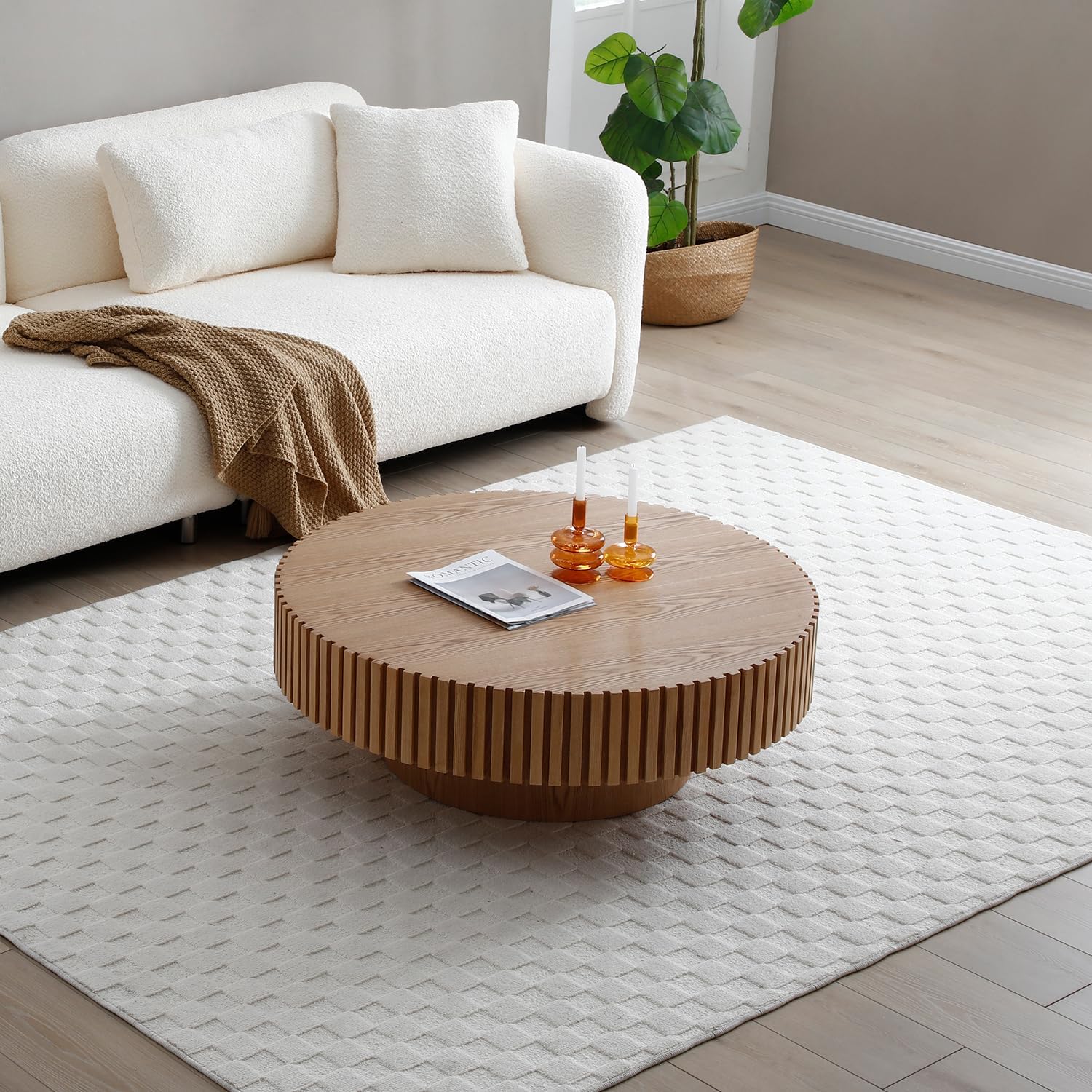 35.43'' Wood Round Coffee Table Modern Coffee Table for Living Room, Contemporary Circle Fluted Drum Pedestal Style, Easy Assembly, Oak(ø35.43'' x 13.77'')
