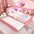 L-Shaped Upholstered Daybed with Trundle and USB Ports & LED,Day Bed with Storage Shelves Headboard,Sleeper Sofa Couch for Living Room-Twin Size,Pink