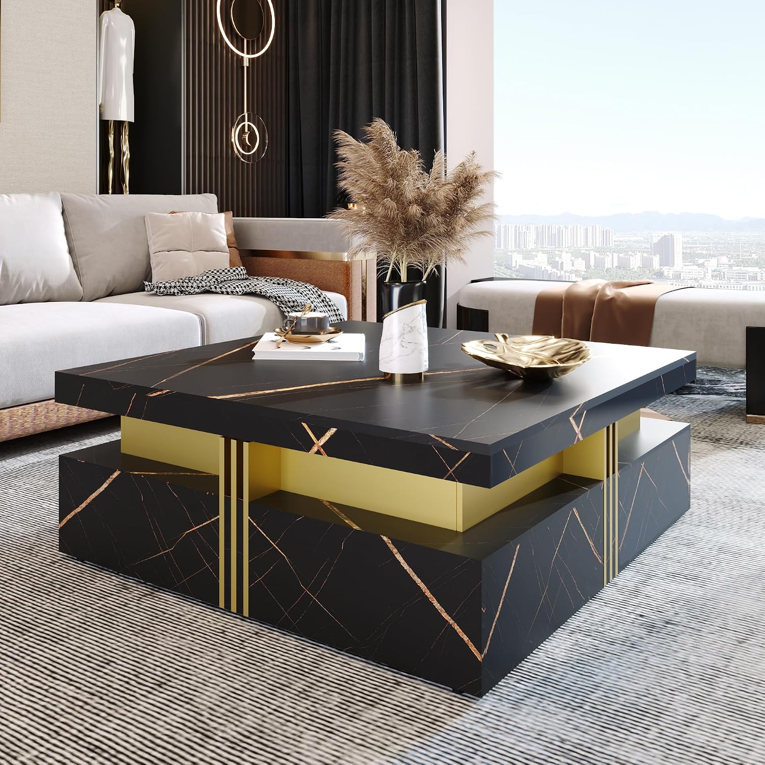 Modern Black Square Storage Coffee Table with 4 Drawers for Living Room