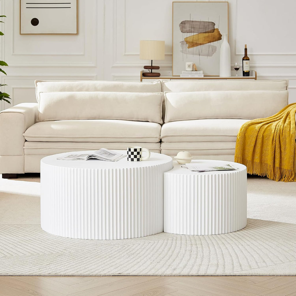 JUSTONE White Round Coffee Table Set of 2,Modern Luxury Nesting Coffee Table for Living Room,Wood Circle Drum Coffee Table for Small Spaces No Assembling (Matte White)