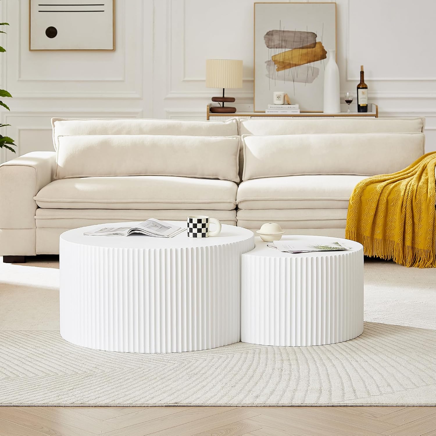 JUSTONE White Round Coffee Table Set of 2,Modern Luxury Nesting Coffee Table for Living Room,Wood Circle Drum Coffee Table for Small Spaces No Assembling (Matte White)