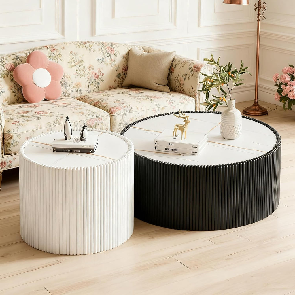 Round Coffee Table Set with Sintered Stone Tabletop, 29.52' Black Drum Center Table and 17.71' White Coffee Table Set, 2 Pieces Living Room Table Set with Fluted PU Leather Cover& Stable Base