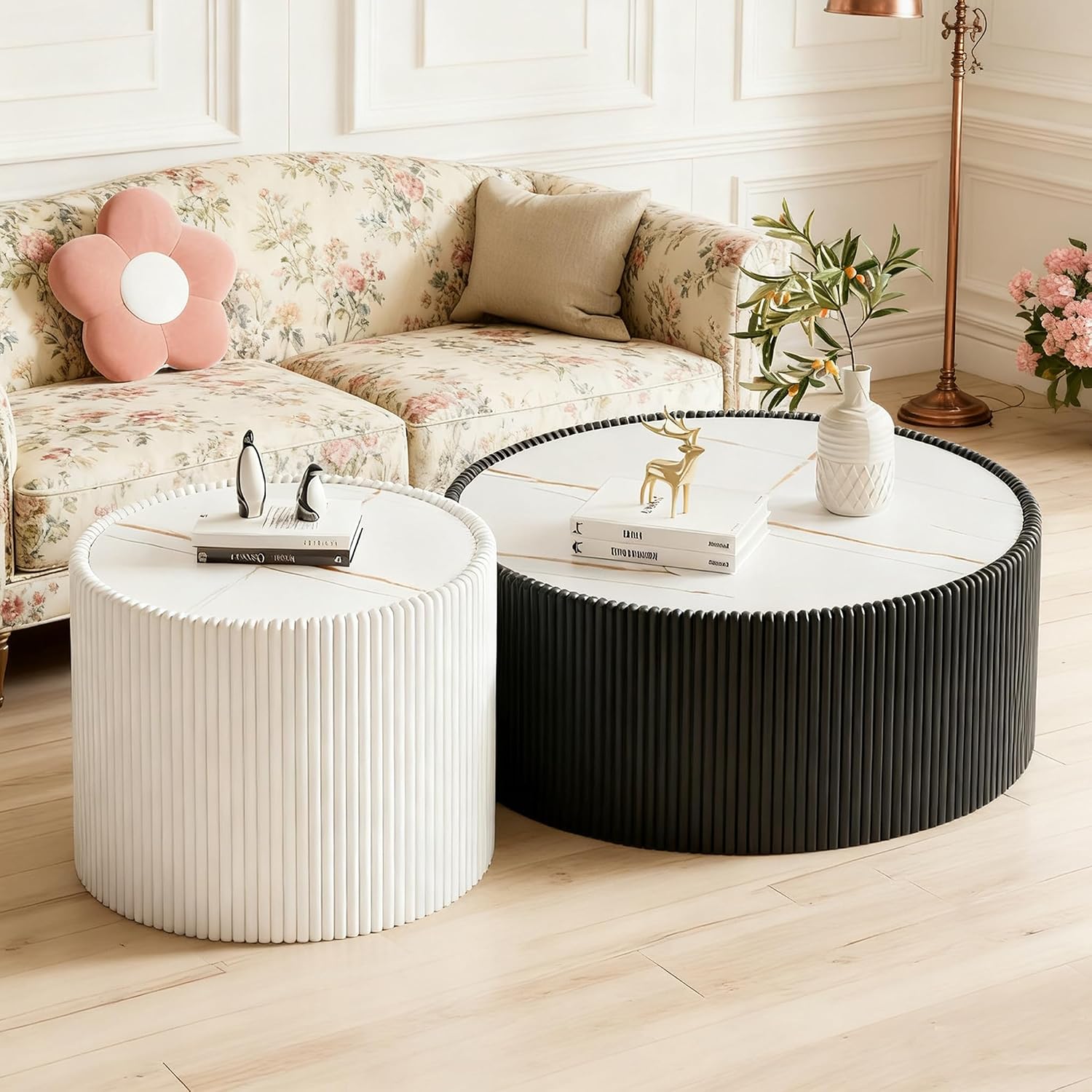 Round Coffee Table Set with Sintered Stone Tabletop, 29.52' Black Drum Center Table and 17.71' White Coffee Table Set, 2 Pieces Living Room Table Set with Fluted PU Leather Cover& Stable Base