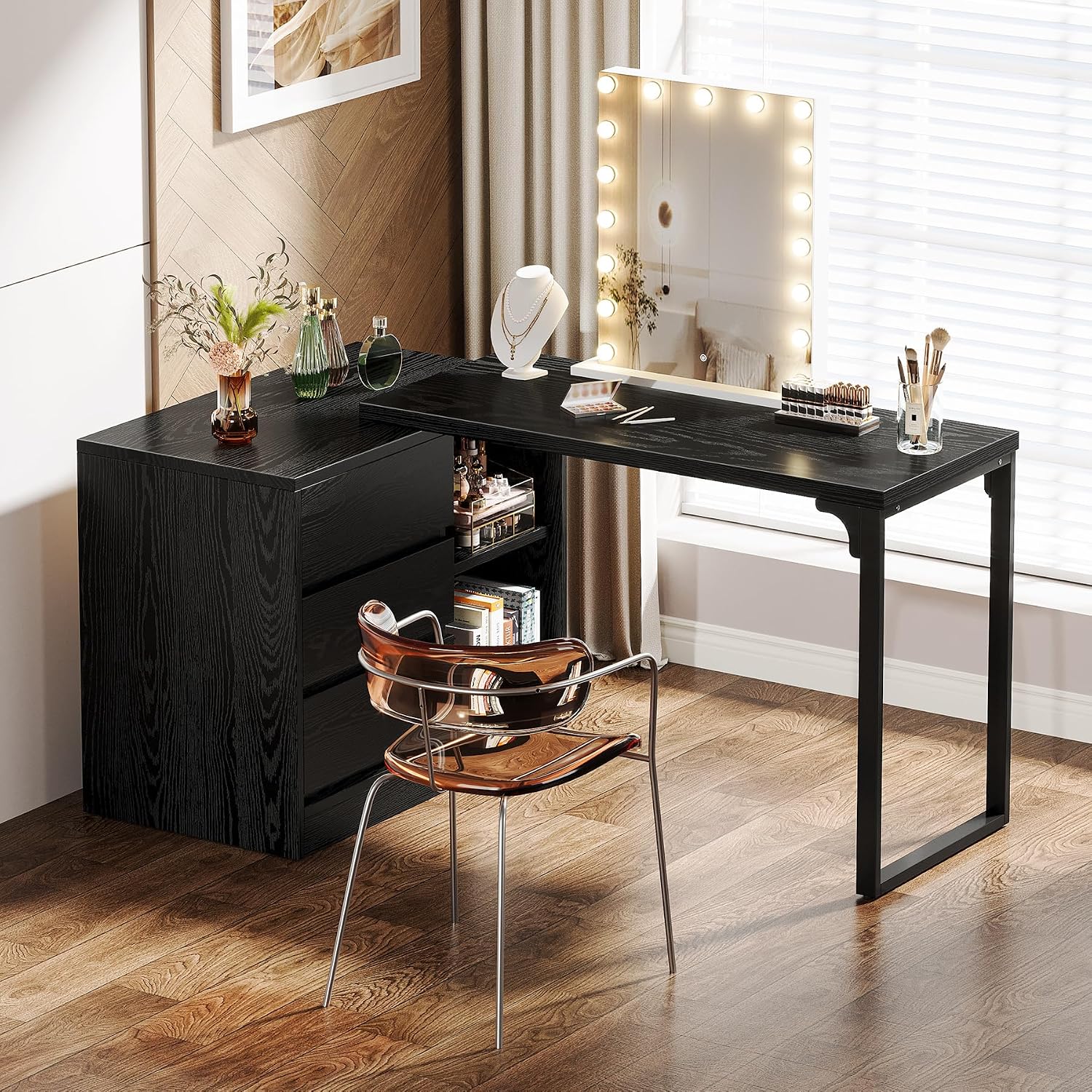 Tribesigns Vanity Desk with 3 Drawers and 2 Shelves, Small Makeup Vanity Table with Reversible Storage Cabinet, Modern Corner Dressing Table for Bedroom, Makeup Room (Without Mirror) (Black)