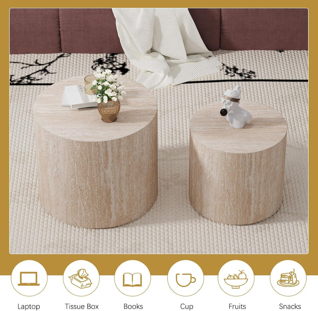 Round Coffee Table Set of 2 Modern Nesting Coffee Tables Wooden Drum Coffee Tables with Non-Slip Feet, Circle Nesting Tables End Table for Living Room Office, No Assembly (Travertine 18.11'+14.57')
