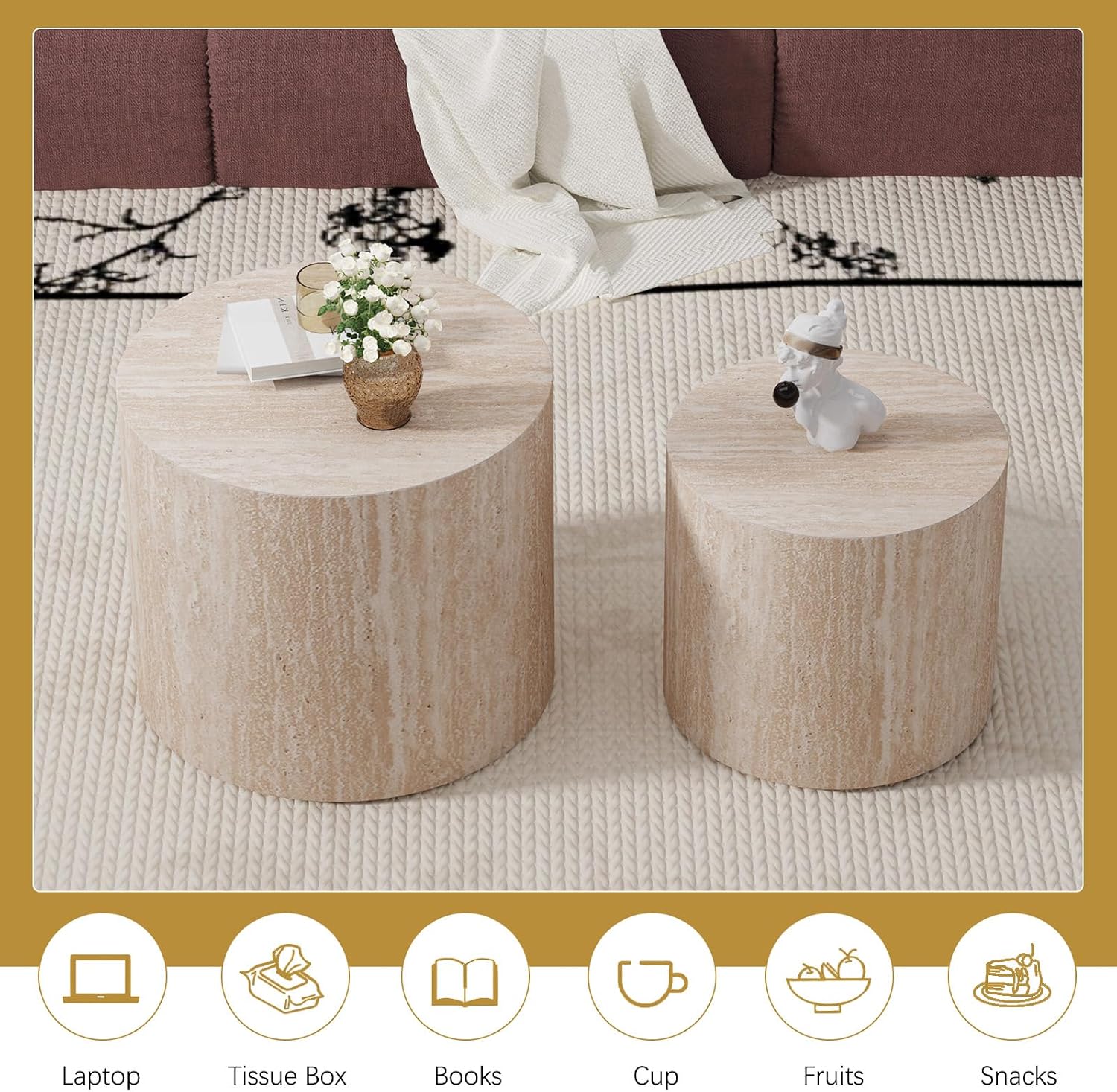 Round Coffee Table Set of 2 Modern Nesting Coffee Tables Wooden Drum Coffee Tables with Non-Slip Feet, Circle Nesting Tables End Table for Living Room Office, No Assembly (Travertine 18.11'+14.57')