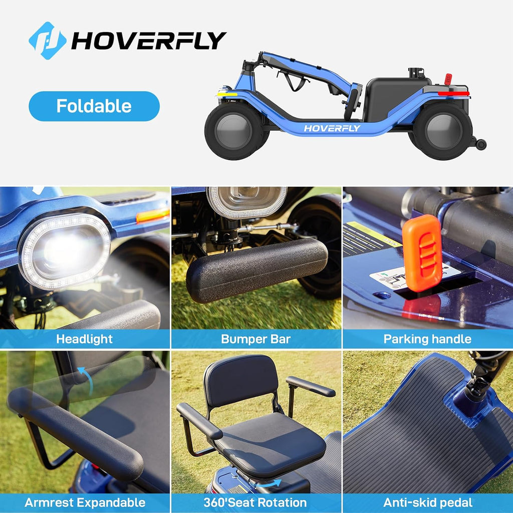 Hoverfly T5 Mobility Scooter for Seniors, Max 16.8-Mile Range & 5 mph, 3-Position Seat & Anti-slip Rear Wheel, Removed Battery & Quick Fold Design, Solid 9' Tire&330 lb Capacity, Ease of Assembly Blue