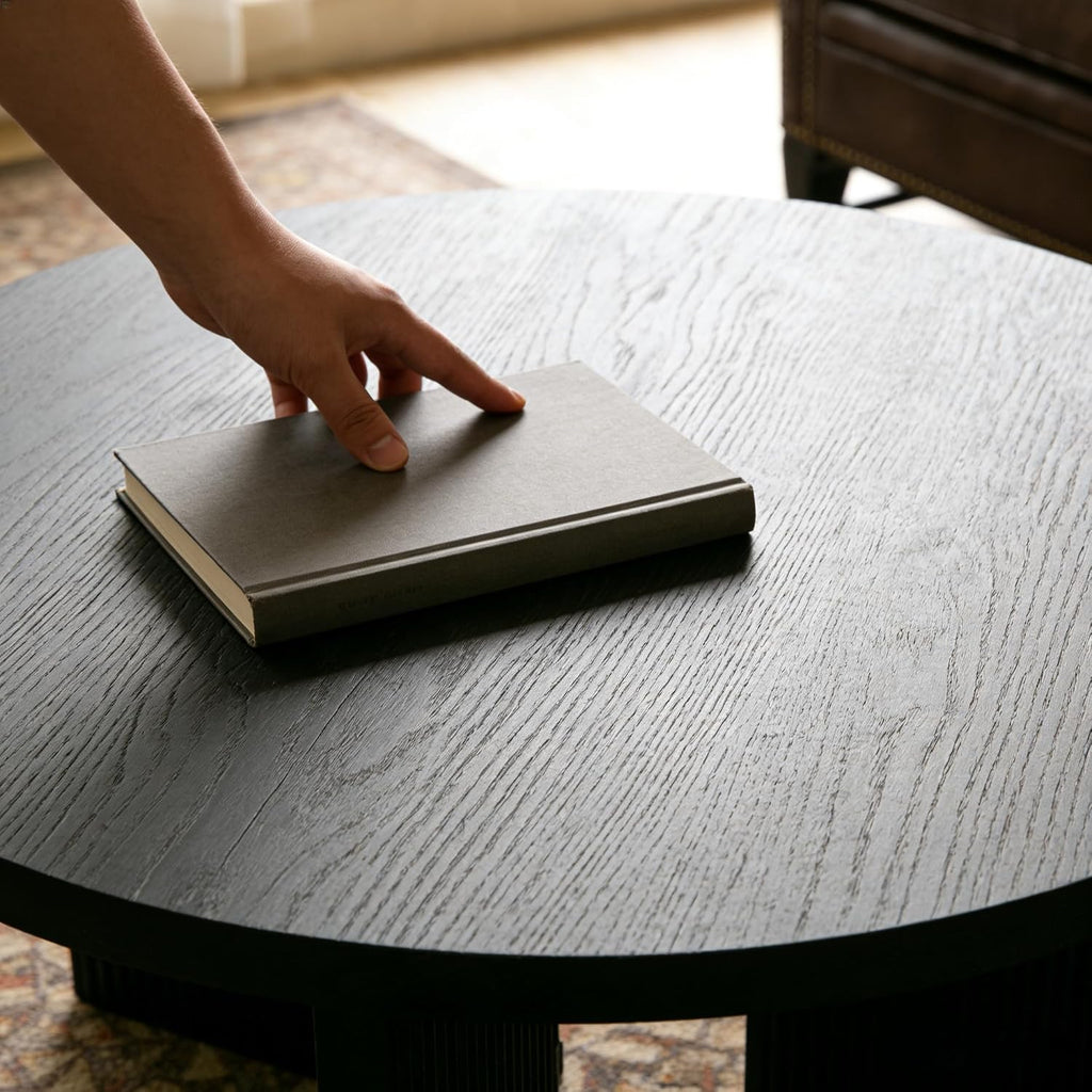 Wooden Round Coffee Table, 35' Coffee Table with Smooth Thick Mesa, Low Circle Center Table with X Shaped Stable Legs, Accent Tea Table for Living Room, Office, Black