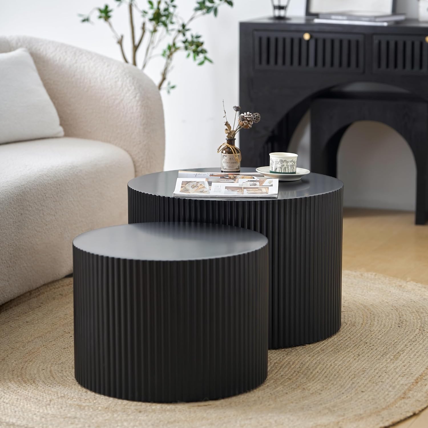 Nesting Coffee Table Set of 2, Modern Drum Side End Wave Stripe Round Coffee Table for Living Room, Bedroom, Black