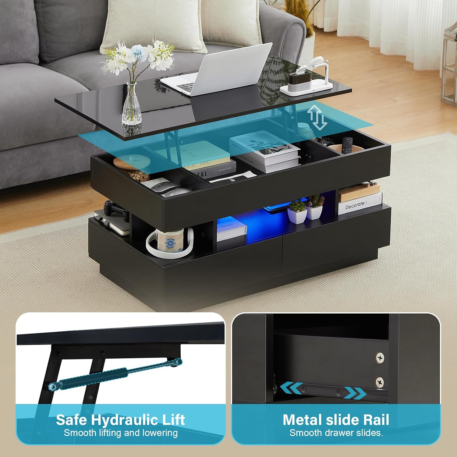 Lift Top Coffee Table, Modern Coffee Table with Hidden Compartment and Ajustable LED Light, Lift Tabletop Dining Center Table with 2 Storage Drawers for Living Room, Office (Black)