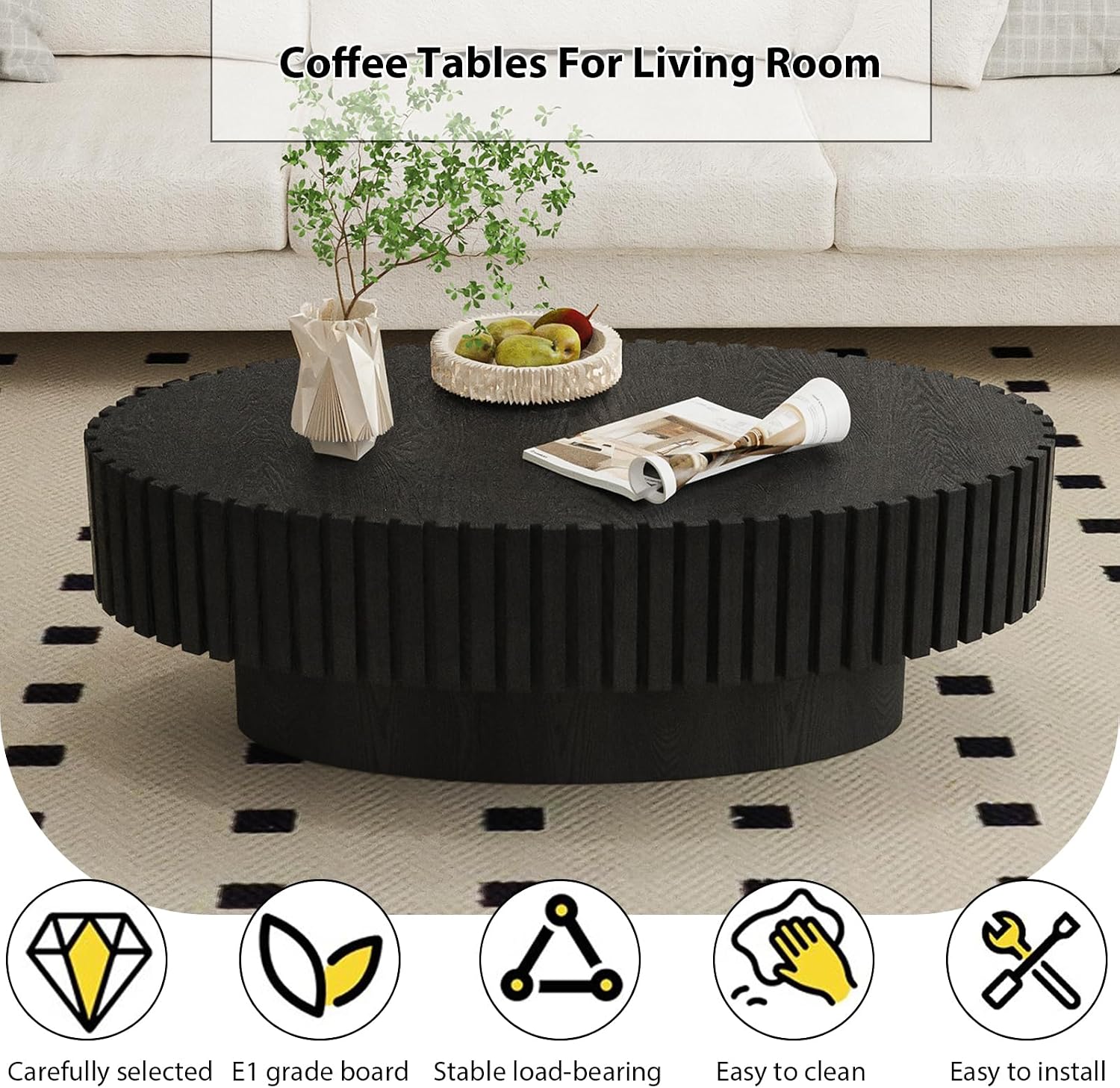 Oval Fluted Coffee Table Mid Century Modern Coffee Tables with Handcrafted Relief Ellipse Drum End Table Rustic Industrial Center Tables for Apartment Living Room (Black Oval)