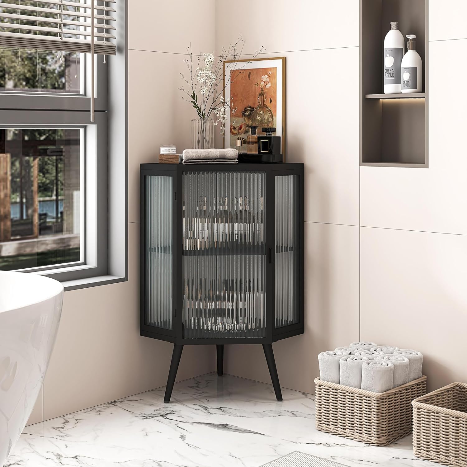 Vinsetto 22.25' Corner Floor Cabinet with Tempered Glass Door, Storage Shelves for Bathroom, Living Room, Bedroom, Black