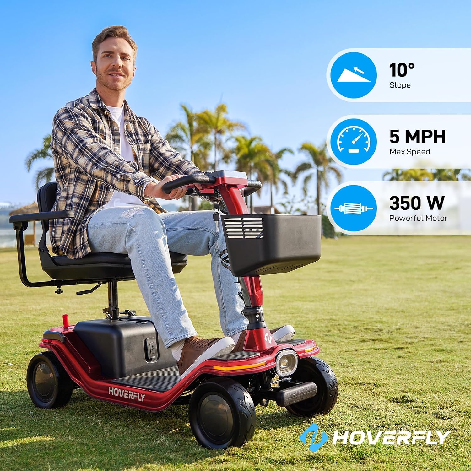 Hoverfly T5 Mobility Scooter for Seniors, Max 16.8-Mile Range & 5 mph, 3-Position Seat & Anti-slip Rear Wheel, Removed Battery & Quick Fold Design, Solid 9' Tire &330 lb Capacity, Ease of Assembly Red
