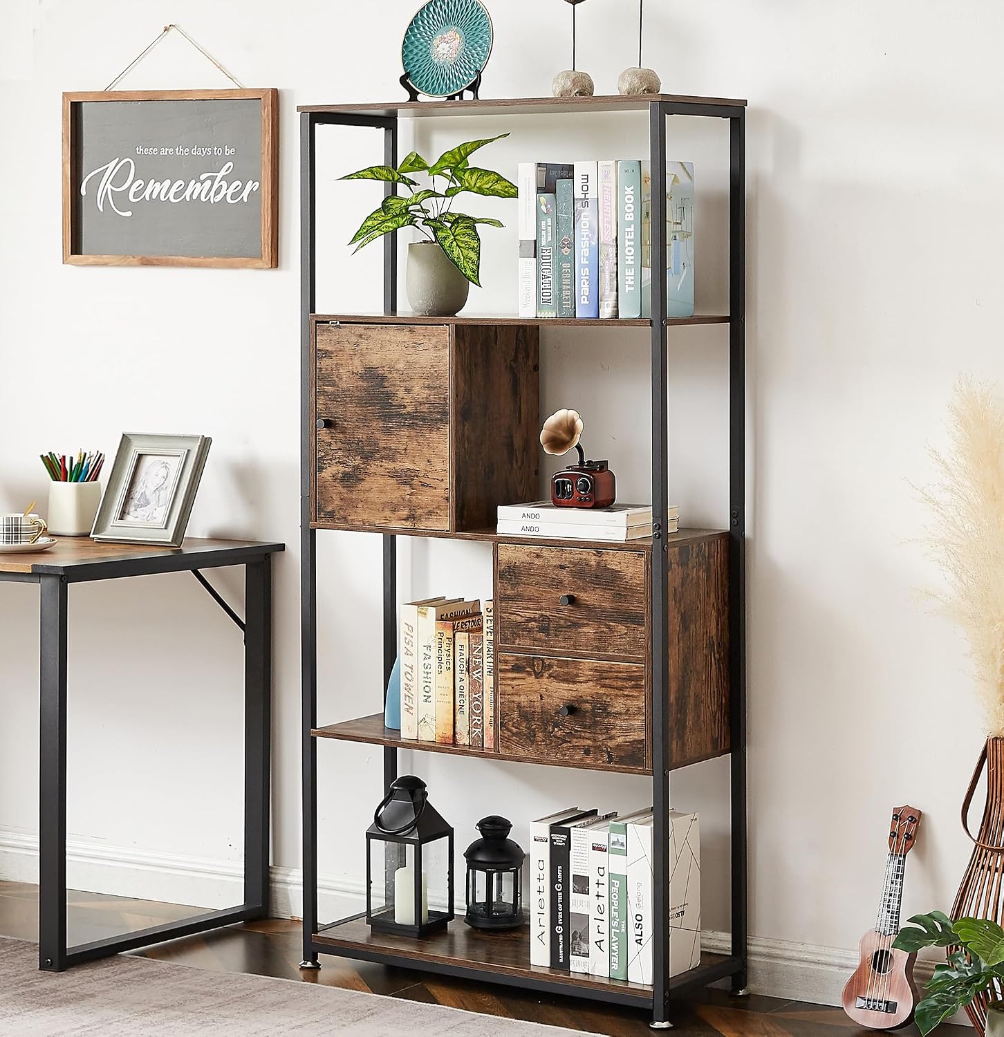 VECELO 5 Tier Bookshelf,62inch Height Bookcase with 2 Storage Drawers and 1 Cabinet, Wooden Shelves with Metal Frame,Open Book Shelves Standing Shelf Unit for Living Room, Bedroom,Office