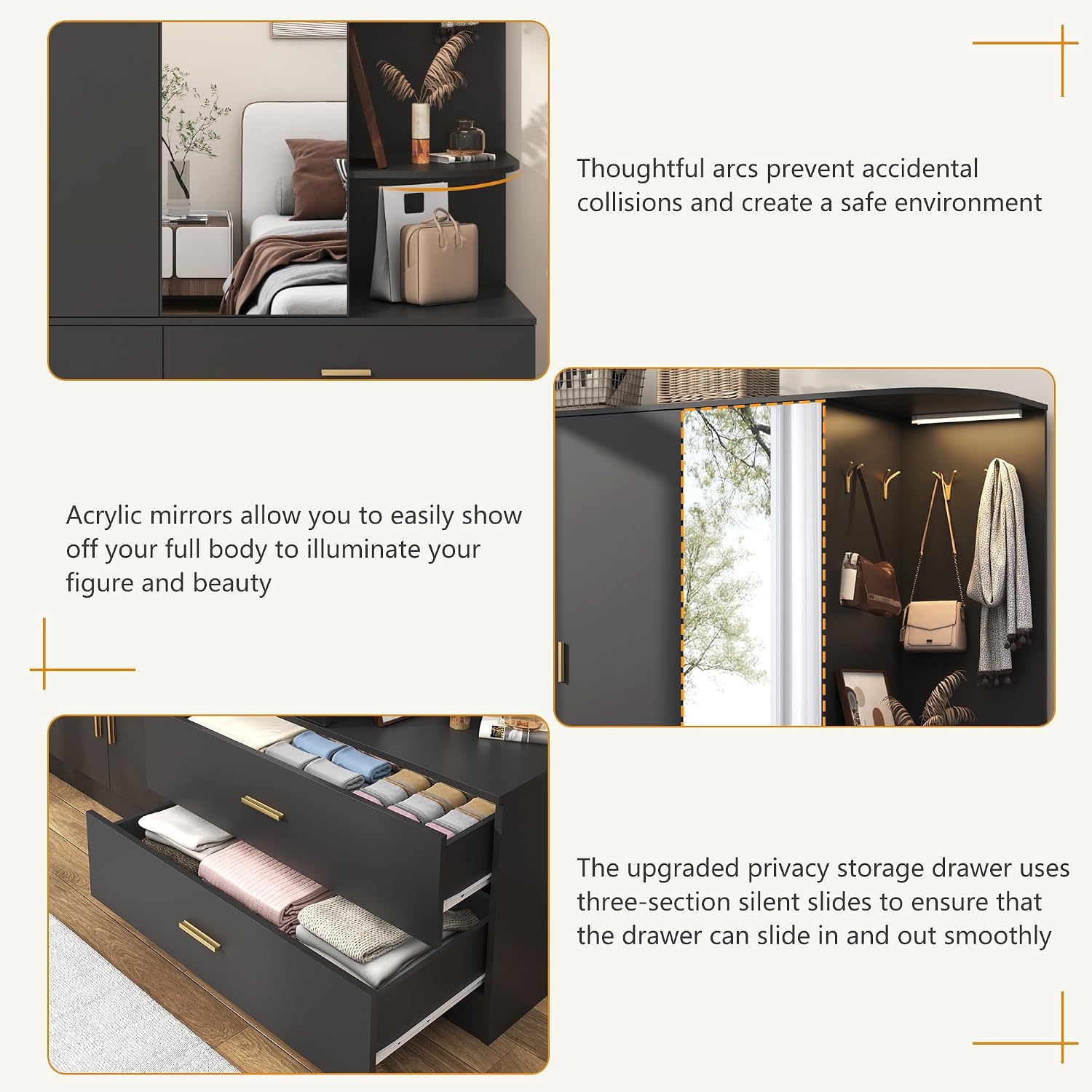 XVD Armoire Wardrobe Closet with Mirror & Sensor Light, Bedroom Armoire with 5 Doors & 2 Drawers, Modern Wooden Large Wardrobe Closet with Shelves, 4 Metal Hooks, 2 Hanging Roods, Open Space, Black