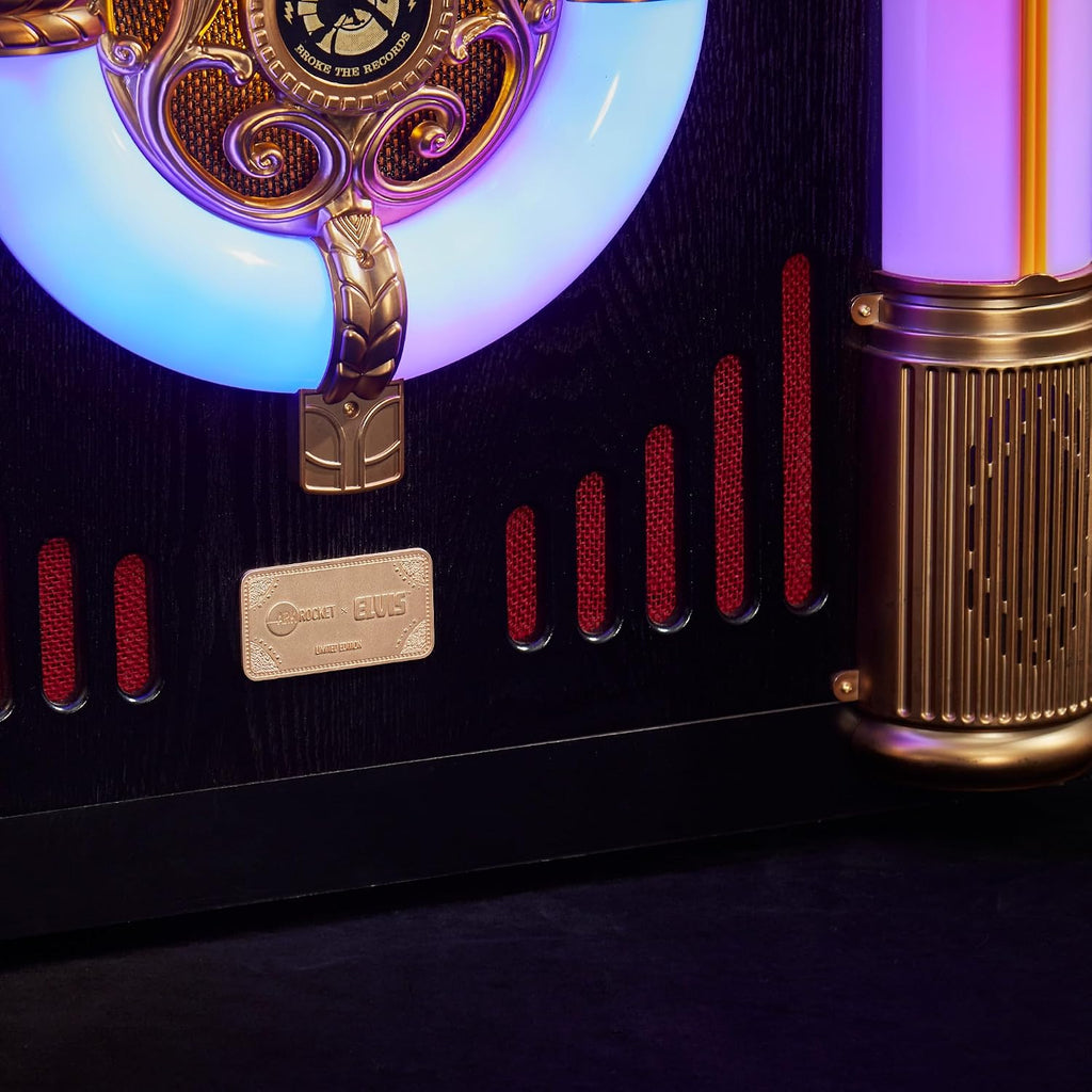 Arkrocket x Elvis Presley Jukebox Saturn V Full Size Bluetooth Vinyl Record Jukebox CD Player Vintage Radio Retro Turntable Classic Jukebox with Black Stand (Elvis Saturn V + Stand - Black)