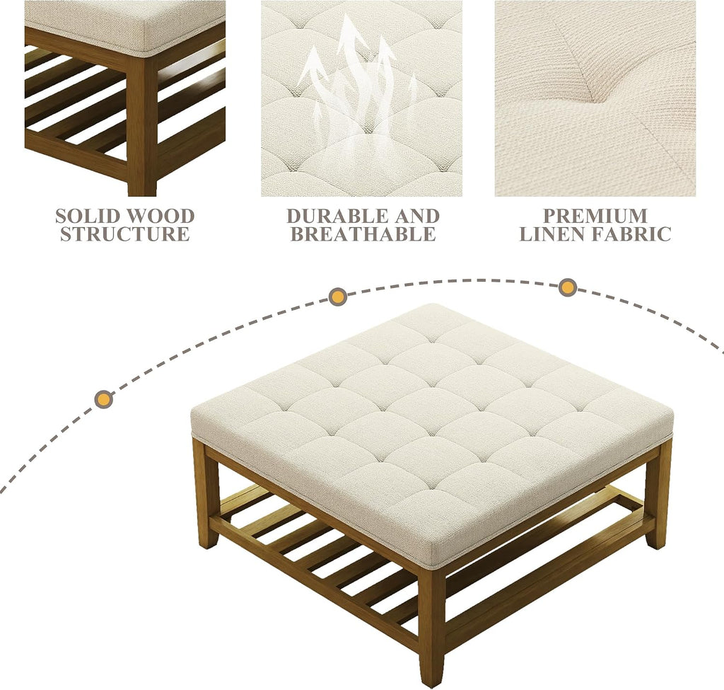Befurtori Large Square Ottoman Coffee Table, Linen Solid Upholstered Footrest Ottoman with Solid Wood Shelf Storage Tufted Coffee Table for Bedroom Living Room, Ivory