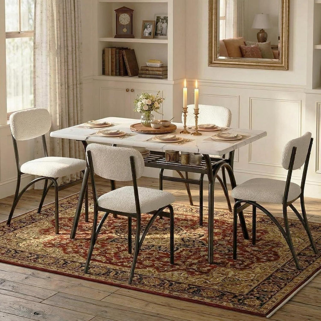 5-Piece Dining Table Set for 4, Modern Kitchen Table with 4 Boucle Chairs, Rectangular Dining Table with Storage Shelf & Marble Tabletop, Beige Home Dining Furniture for Small Space, Beige+White