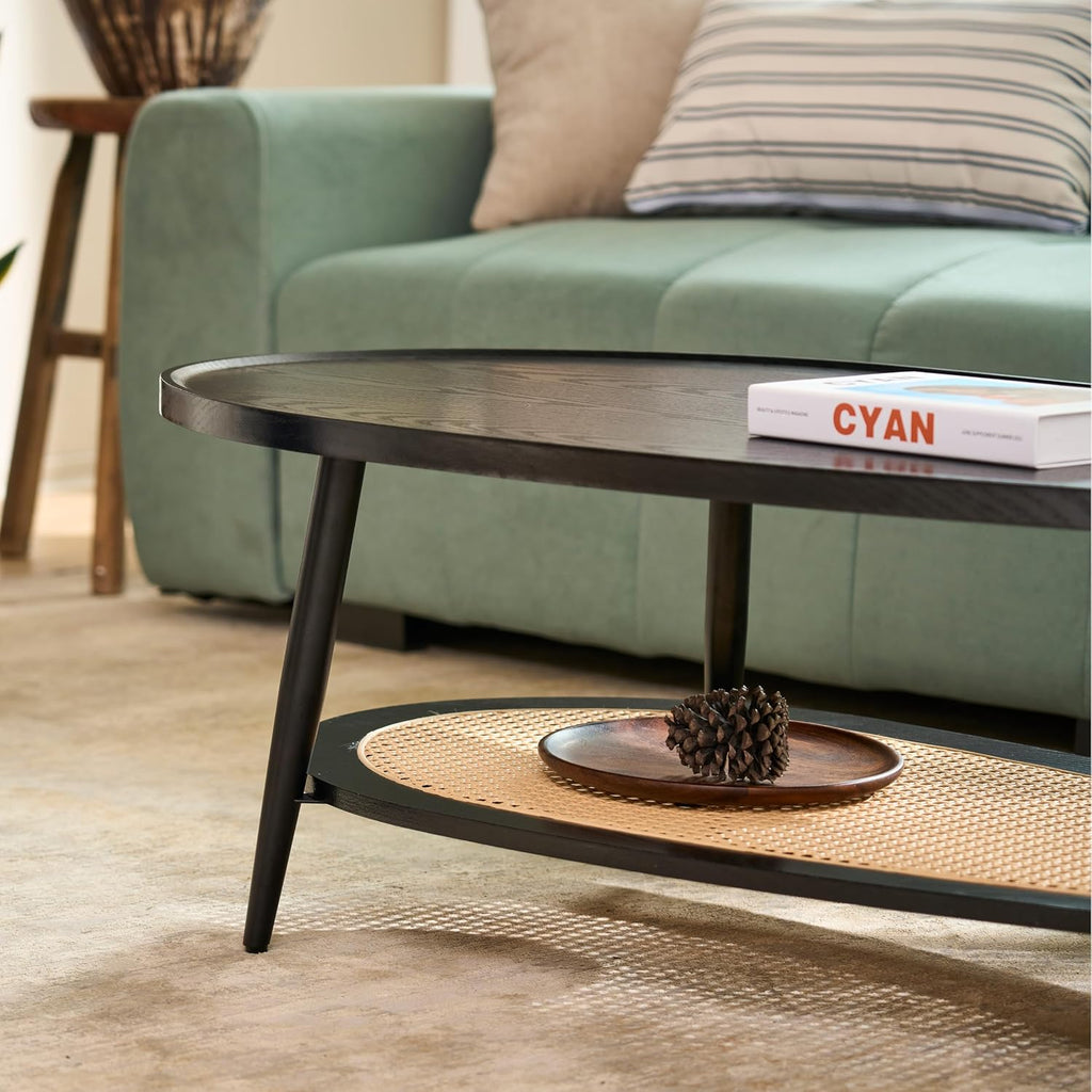 AGV LIGHTING Oval Coffee Table with Storage Shelf, 47' Mid Century Modern Coffee Table for Living Room, Black Wood Finish MDF Top with Rattan Shelf