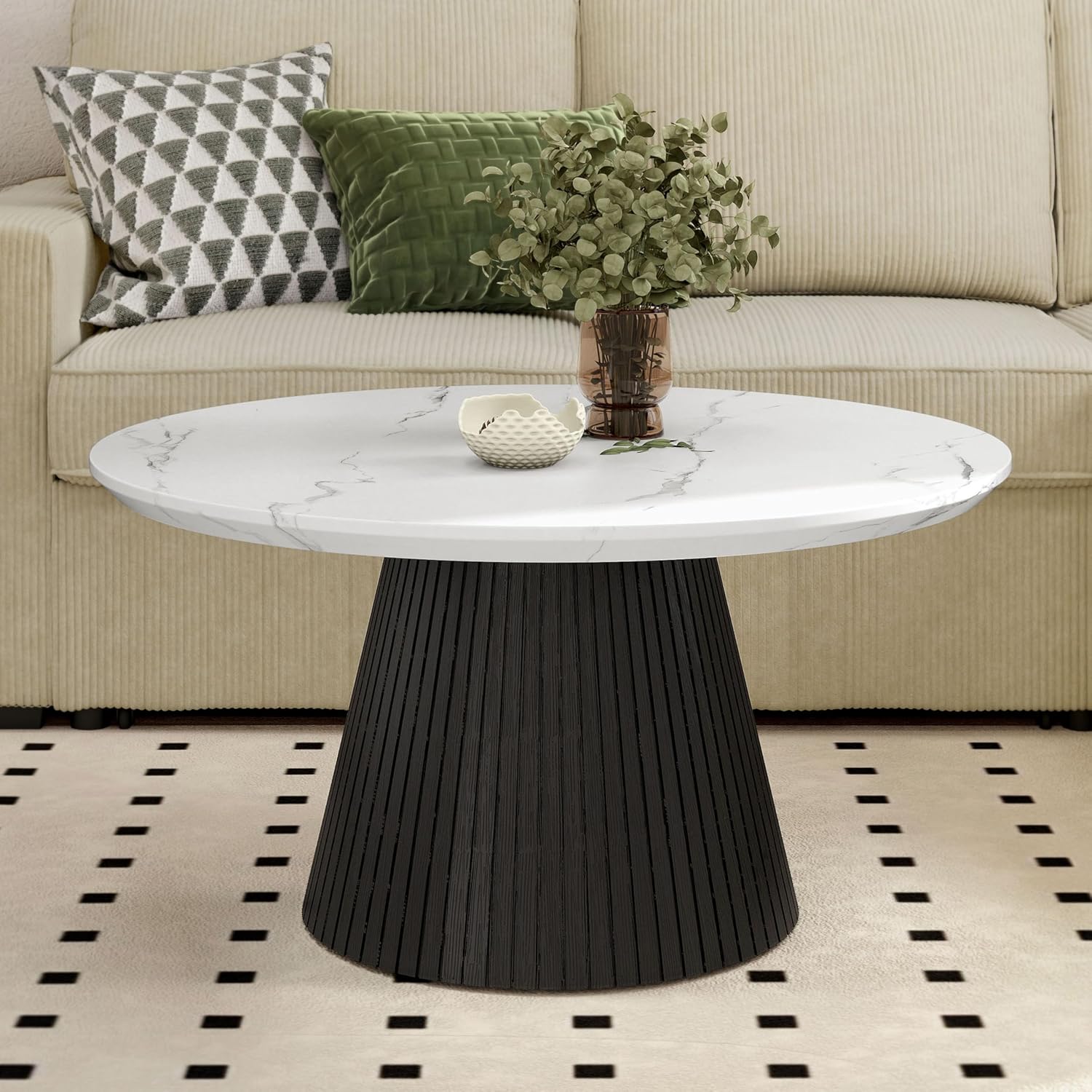 Furniture of America Coraly Modern 36-inch Round Coffee Table with High Gloss Faux Marble Top and Fluted Pedestal Base for Small Space, Living Room, Home Office, Black and White
