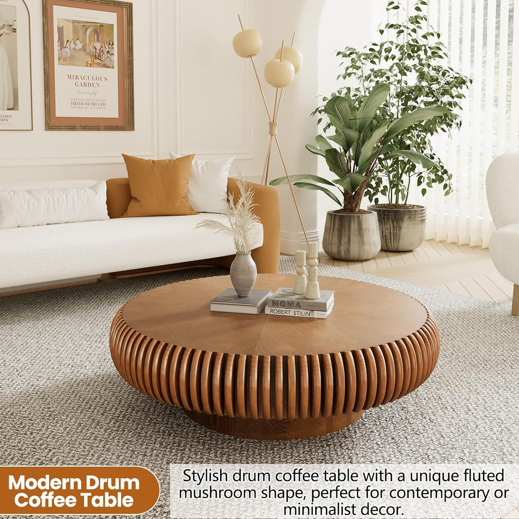 Round Drum Coffee Table with Sturdy Pedestal, Modern Wooden Fluted Coffee Table, Circle Center Table Accent Tea Table for Living Room Apartment Office Reception Room (Brown D39.4)