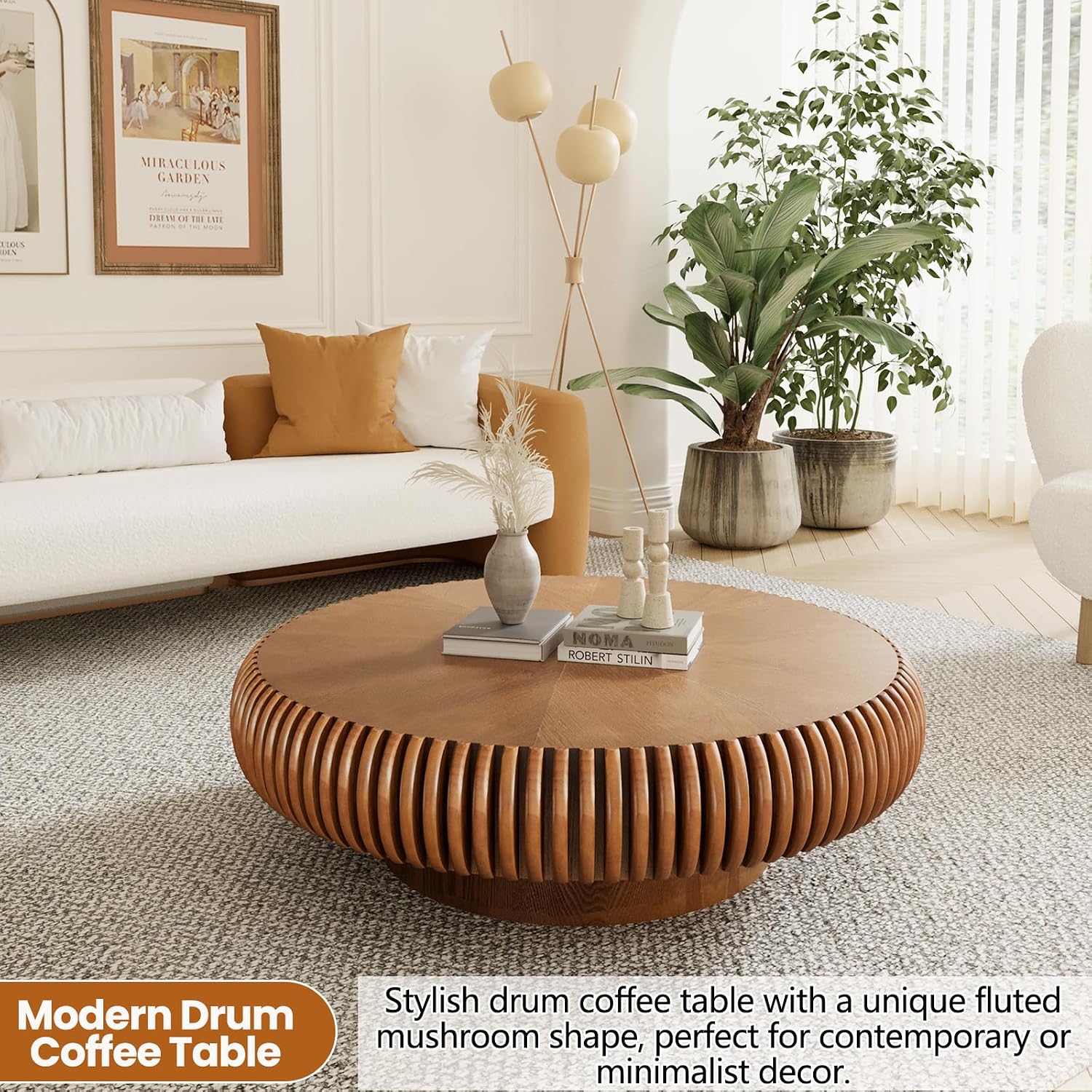 Round Drum Coffee Table with Sturdy Pedestal, Modern Wooden Fluted Coffee Table, Circle Center Table Accent Tea Table for Living Room Apartment Office Reception Room (Brown D39.4)
