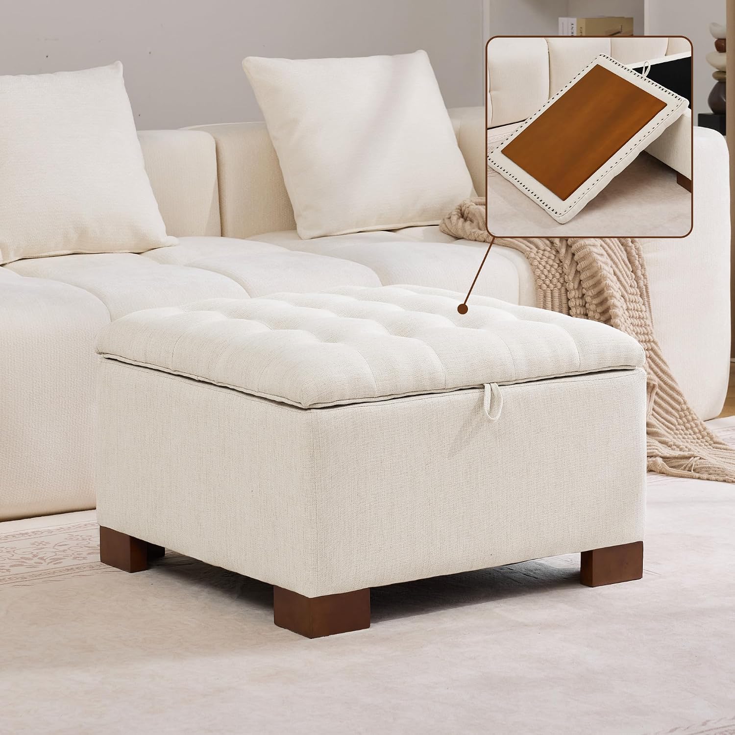 WUTUTUEE 30' Fabric Square Storage Ottoman with Wooden Tray, Modern Tufted Button Footstool Coffee Table, Upholstered Large Ottoman for Living Room, Bedroom, Beige