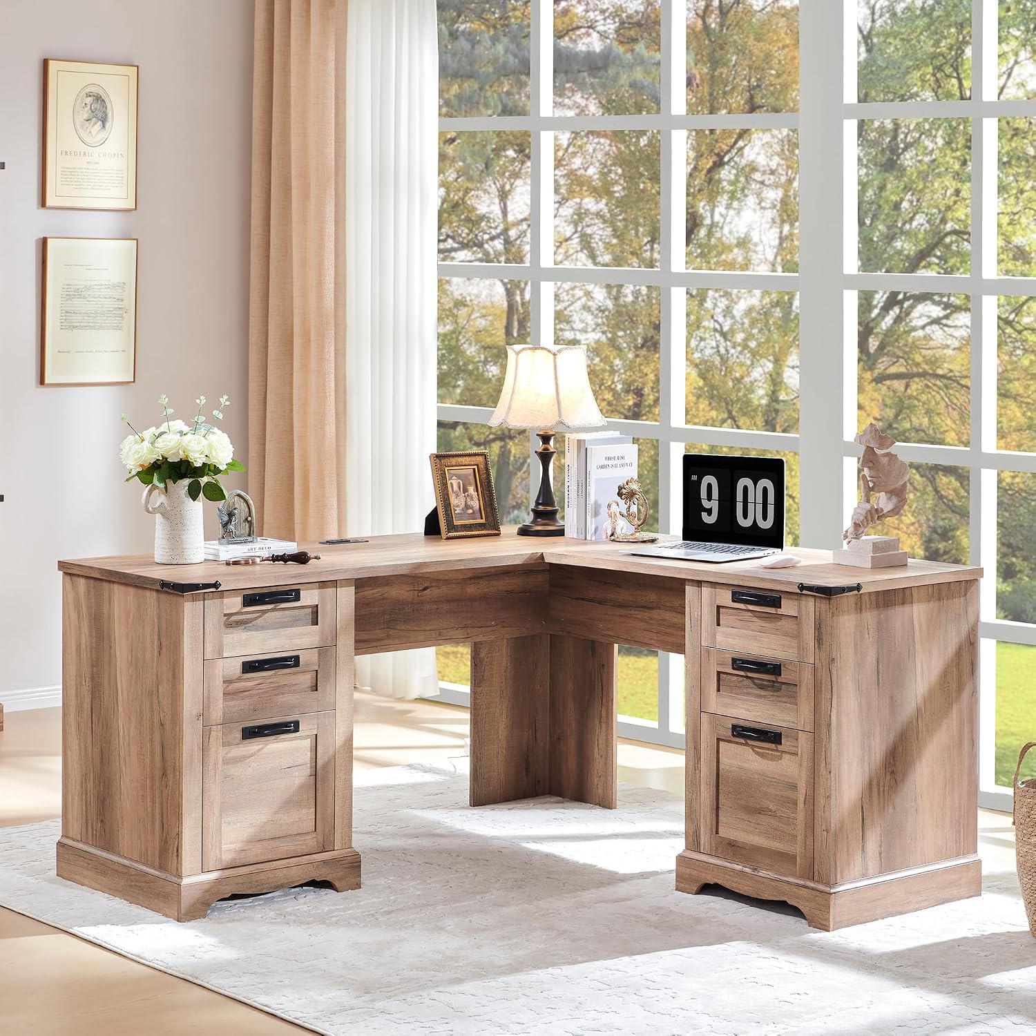 RedLemon 60' Farmhouse L Shaped Executive Desk, Rustic Oak | Home Office Corner Desk, Charging Station, Storage Cabinet, File Drawer, 3 Box Drawers, Rustic Computer Writing Desk