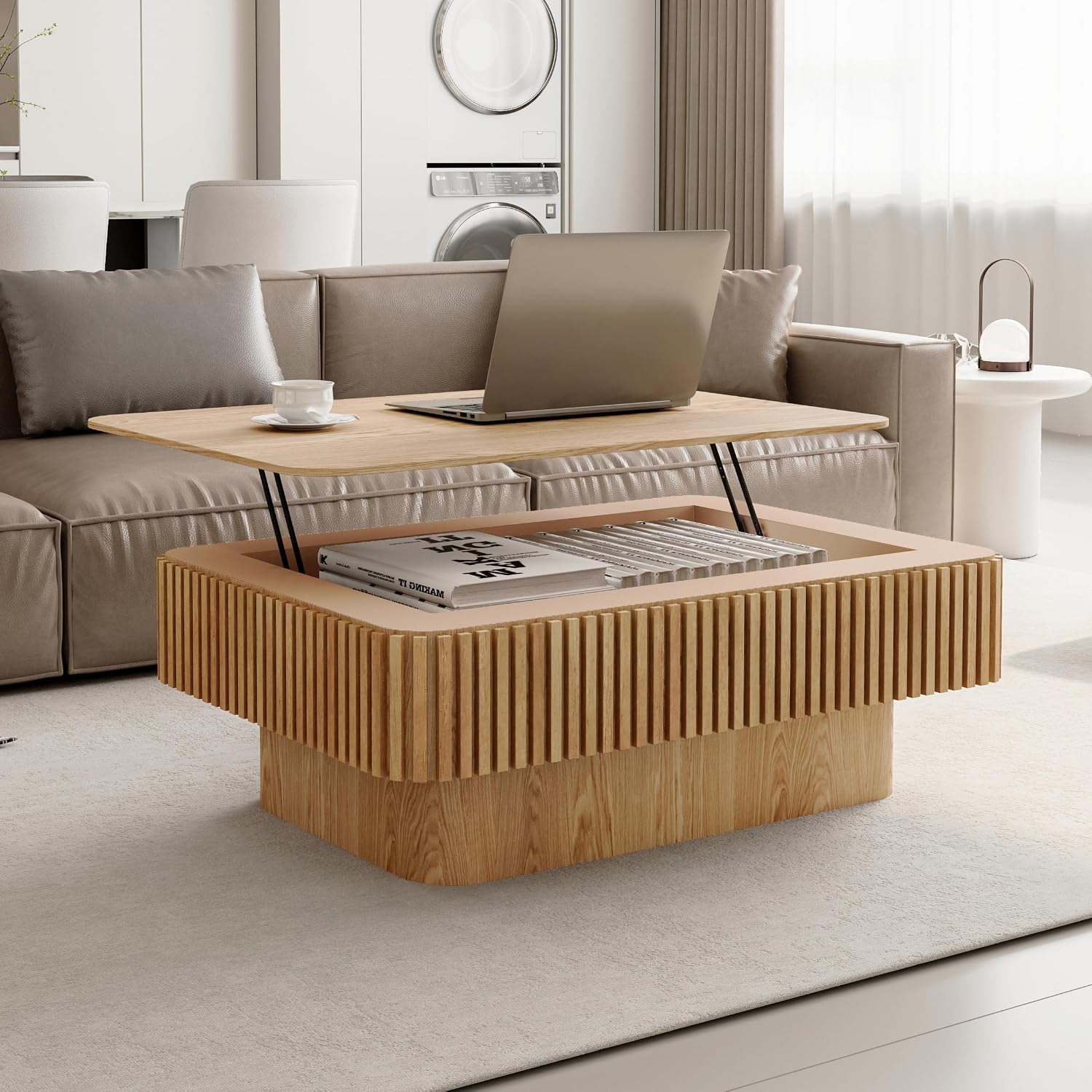 38.6'' Lift-top Coffee Table Solid Wood Veneered Center Table Rectangular Fluted Table with Storage and Adjustable Height for Living Room Apartment Office, Oak