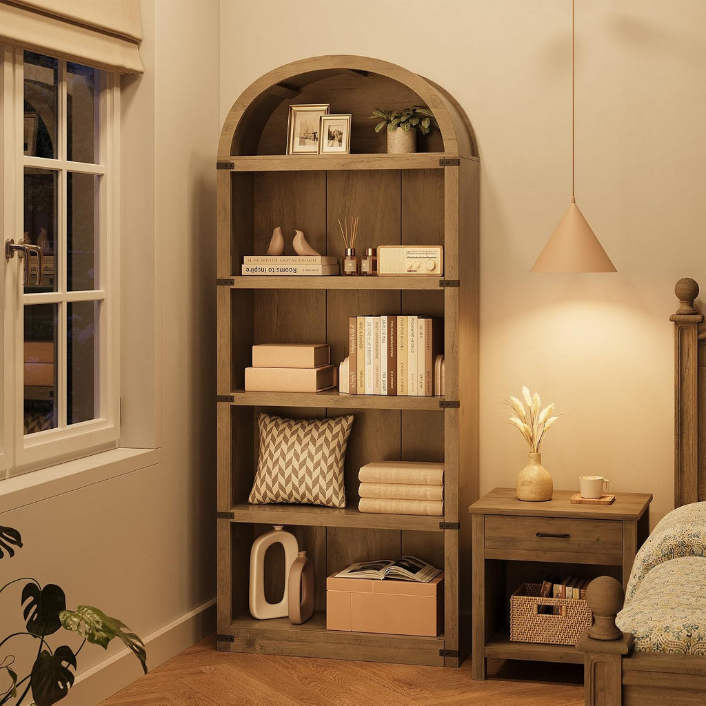 5-Tier Arched Bookcase – 71.65' Tall Farmhouse Wooden Bookshelf with Modern Black Wood Grain, Display Storage Shelf for Living Room, Office, Bedroom – Metal Corner Protection,Grey