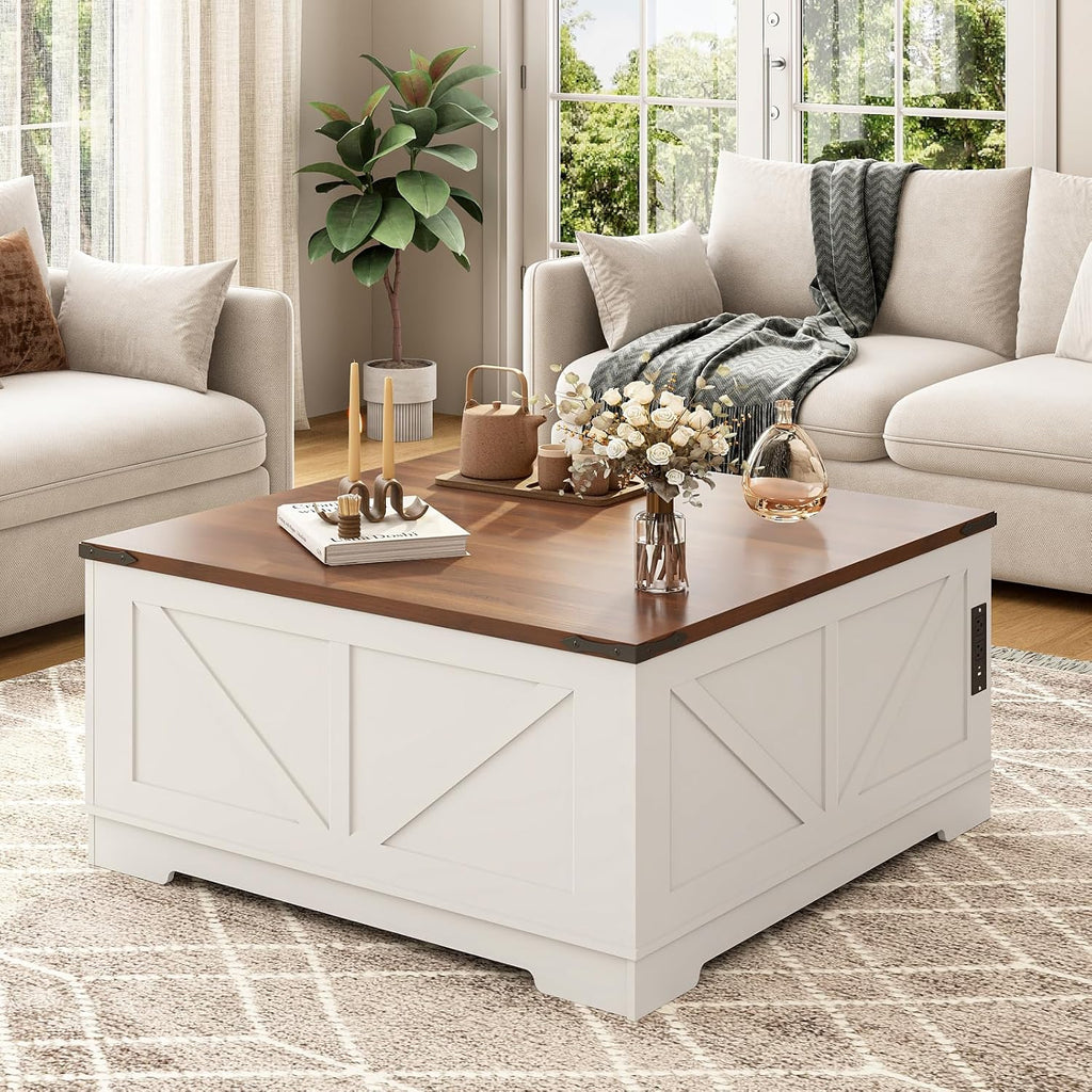 EAG 40' Large Farmhouse Lift Top Coffee Table with Hidden Compartment & Power Outlets, Square Wooden Coffee Table with Multi-Function Flip-Top Ample Storage Center Table for Living Room, White