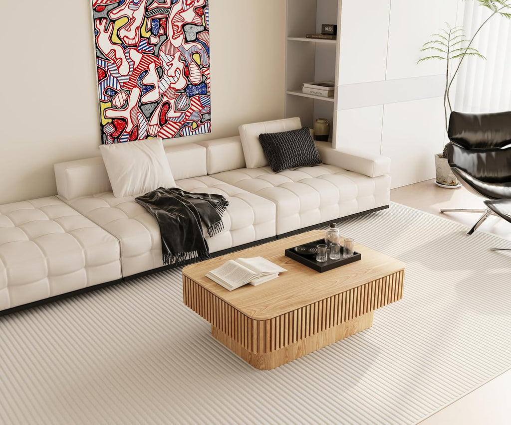 38.6'' Lift-top Coffee Table Solid Wood Veneered Center Table Rectangular Fluted Table with Storage and Adjustable Height for Living Room Apartment Office, Oak