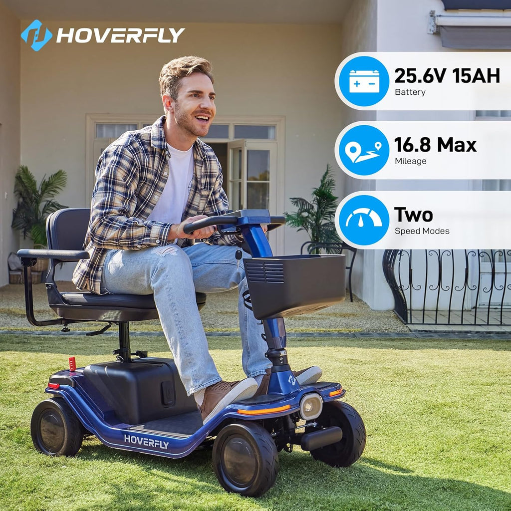 Hoverfly T5 Mobility Scooter for Seniors, Max 16.8-Mile Range & 5 mph, 3-Position Seat & Anti-slip Rear Wheel, Removed Battery & Quick Fold Design, Solid 9' Tire&330 lb Capacity, Ease of Assembly Blue