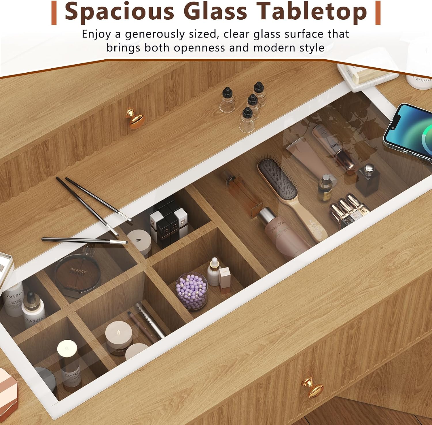 Corner Vanity Desk with 3-Way Mirror and Lights, Makeup Vanity Table with Large Drawer & Cabinets, Wooden Dresser for Bedroom with Glass Top, Power Outlet, Hair Dryer Holder & Stool (Wood)