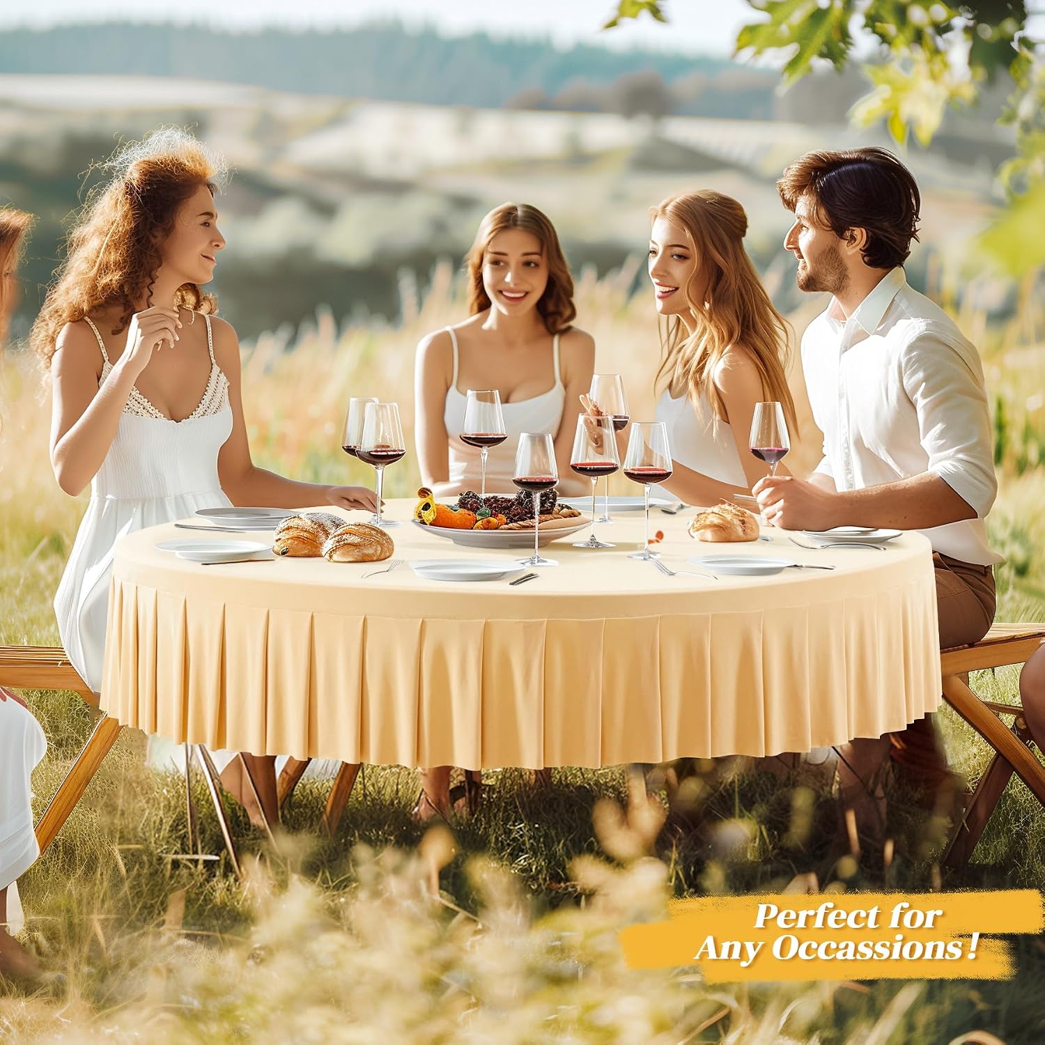 8 Pack Champagne Spandex Round Tablecloths for 60 inch Tables, Stretchy Fitted 5FT Round Table Cloths with Skirt for Wedding Party Dining Banquet