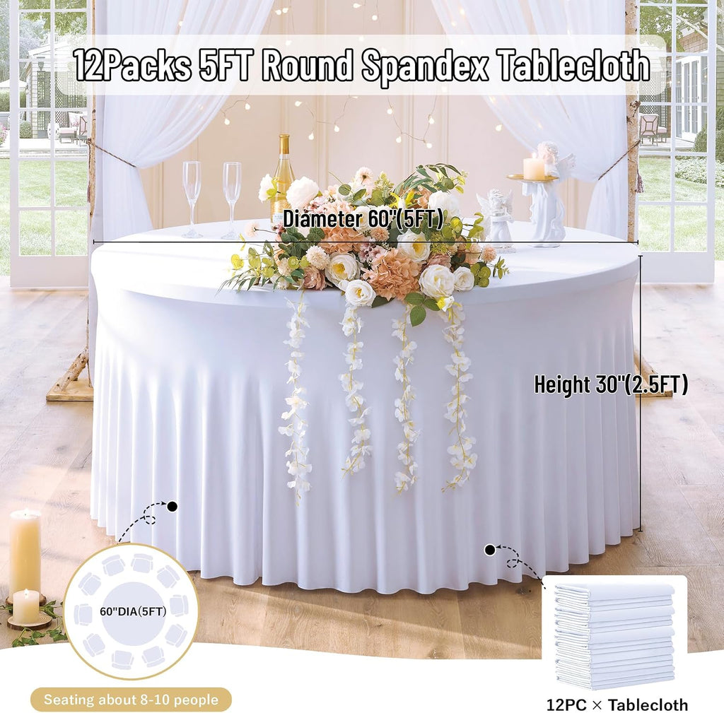 leegleri 12 Pack White Spandex Round Tablecloths - 60 inch, Stretchy 120 inch Fitted 5FT Round Table Cloths with Wrinkle Free Skirt for Wedding Party Dining Banquet