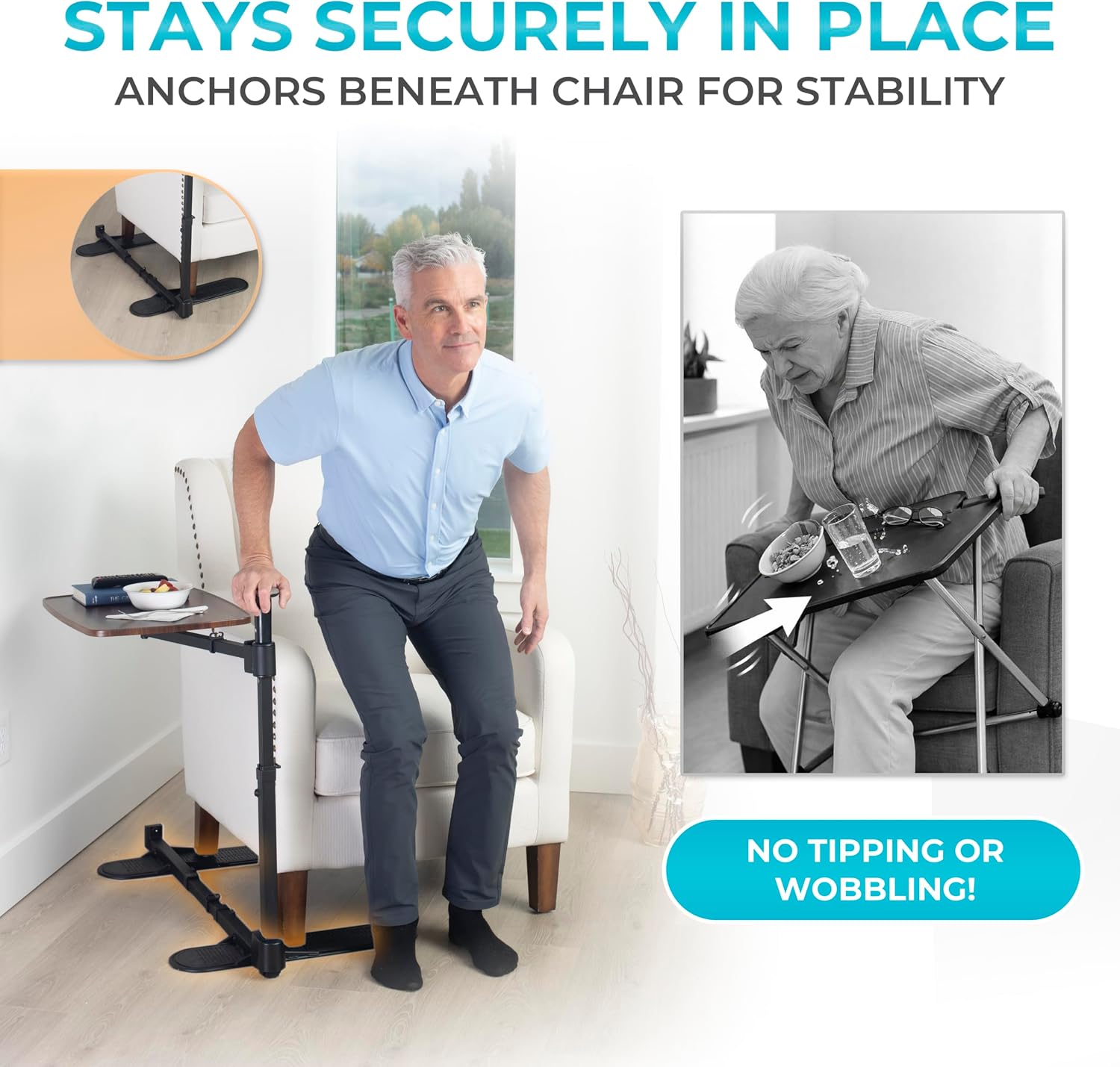 Stander Wonder Tray Plus, Adjustable Recliner Swivel TV Tray with Standing Handle for Seniors & Elderly Adults, Walnut Laptop Desk for Couches & Chairs, Mobility Aid Sit and Stand Assist