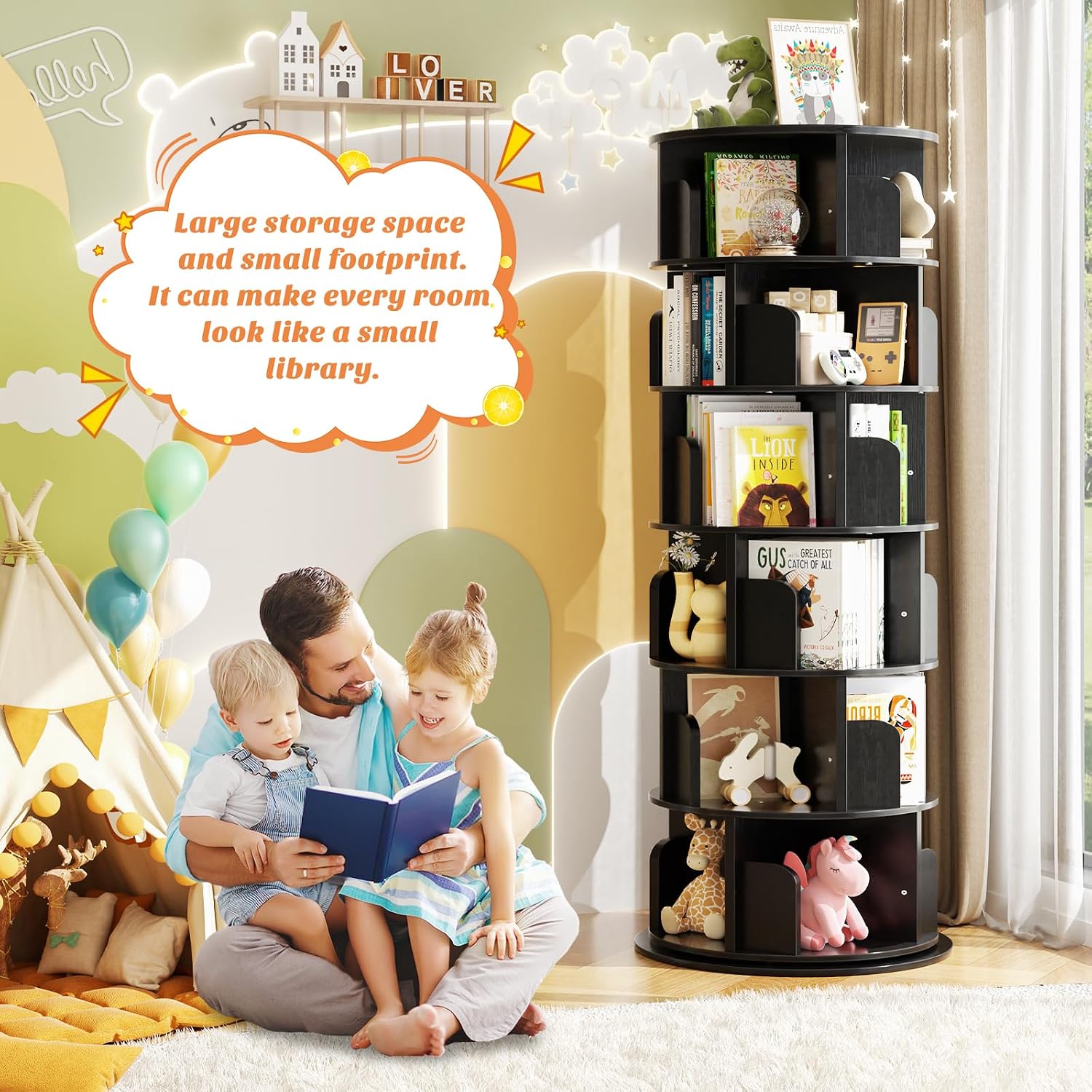 Aheaplus 6 Tier Rotating Bookshelf, Wood Spinning Bookshelf Tower, Round Revolving 360 Bookcase, Narrow Turning Book Shelf Rolling Corner Organizer for Small Space, Bedroom, Office, Black