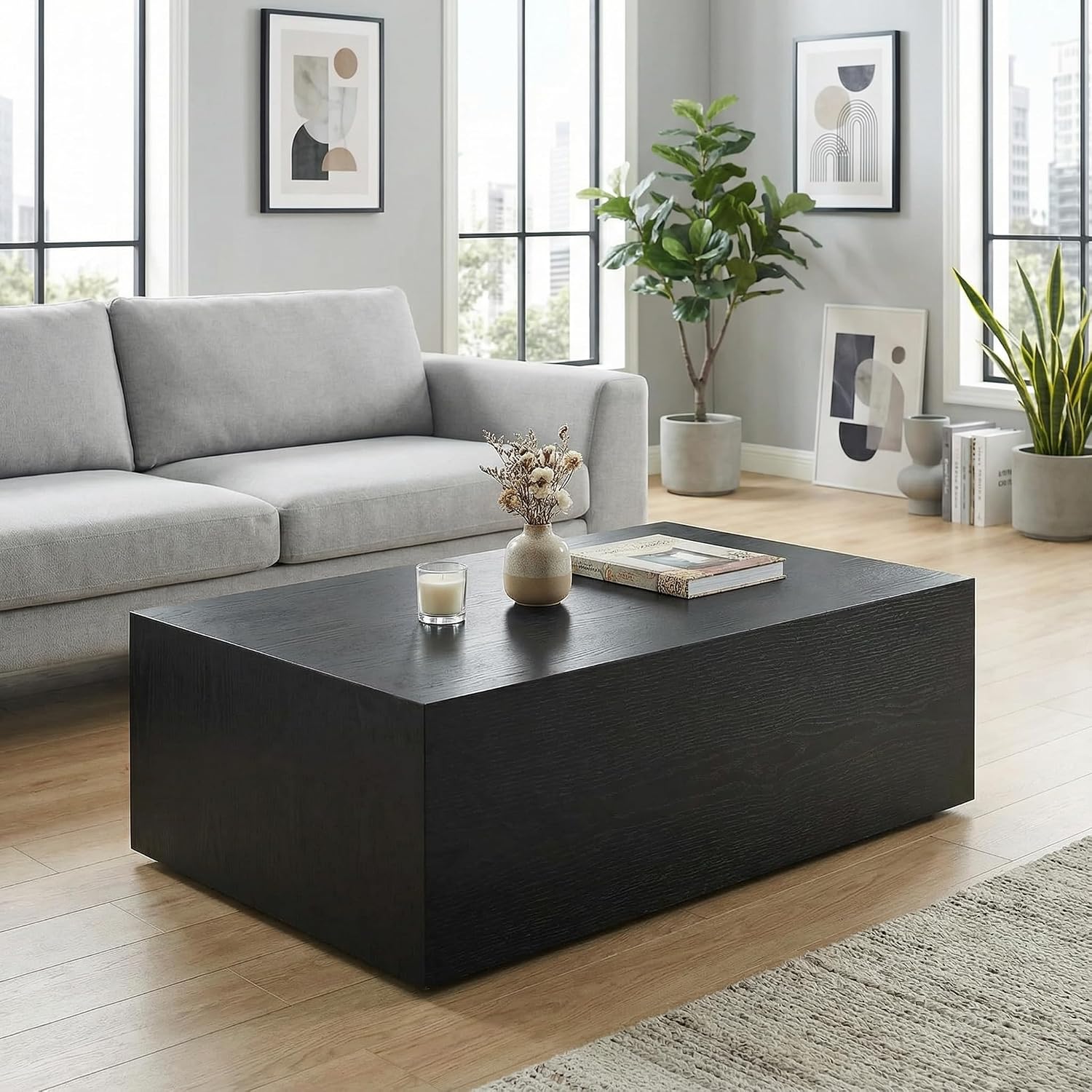 Rectangular Cube Coffee Tables, 300 lbs Minimalist Wood Cube Coffee Table, Low Profile Wood Block Coffee Tables with Anti-Slip Floor mats, with livingroom/Apartment Modern Coffee Table, Black